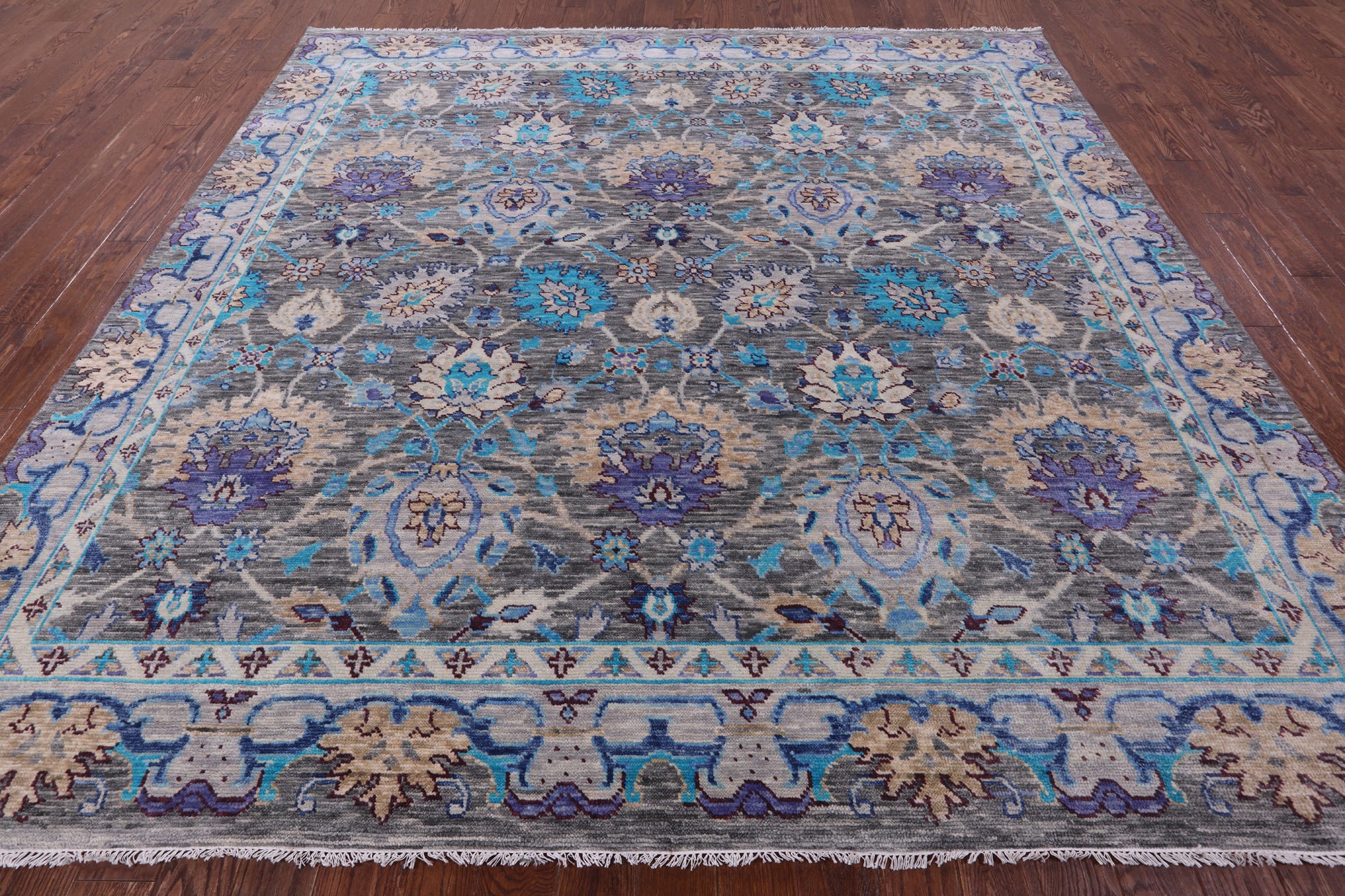 Grey Square William Morris Hand Knotted Wool Rug - 9' 11" X 9' 11" - Golden Nile