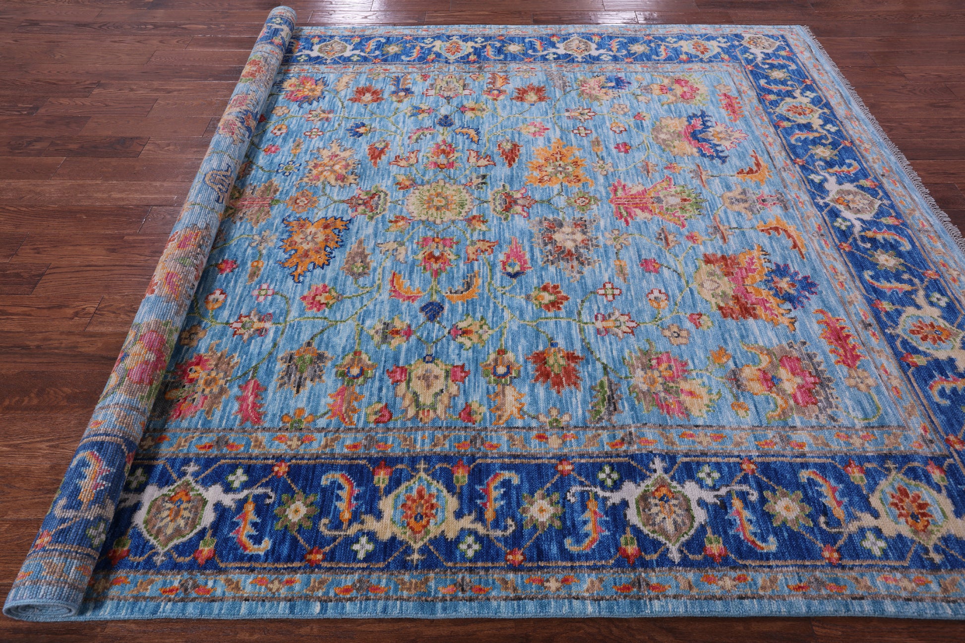 Blue Persian Fine Serapi Hand Knotted Wool Rug - 8' 0" X 9' 10" - Golden Nile