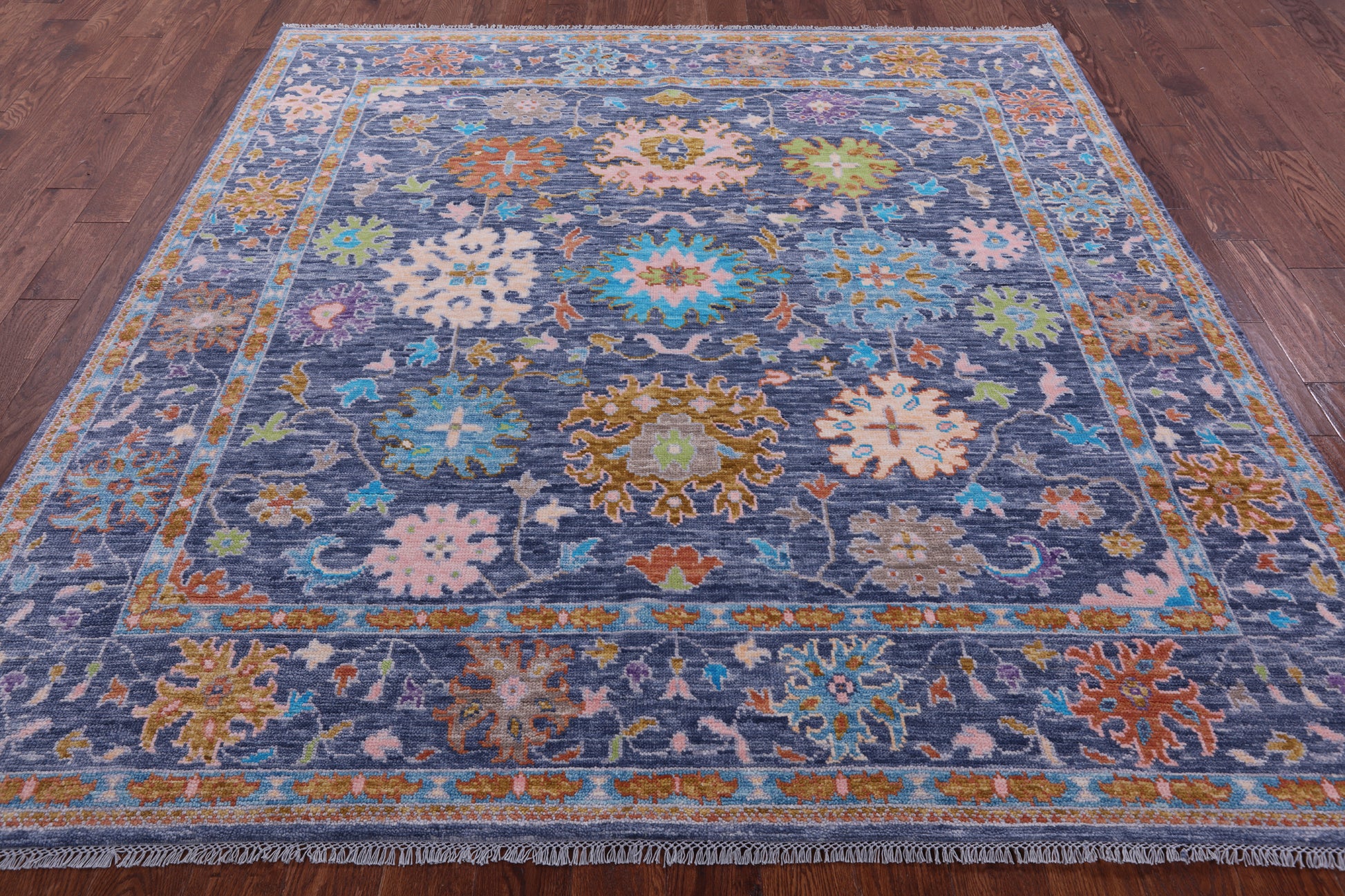 Blue Square Turkish Oushak Hand Knotted Wool Rug - 7' 10" X 8' 1" - Golden Nile