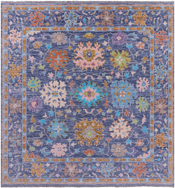 Blue Square Turkish Oushak Hand Knotted Wool Rug - 7' 10" X 8' 1" - Golden Nile