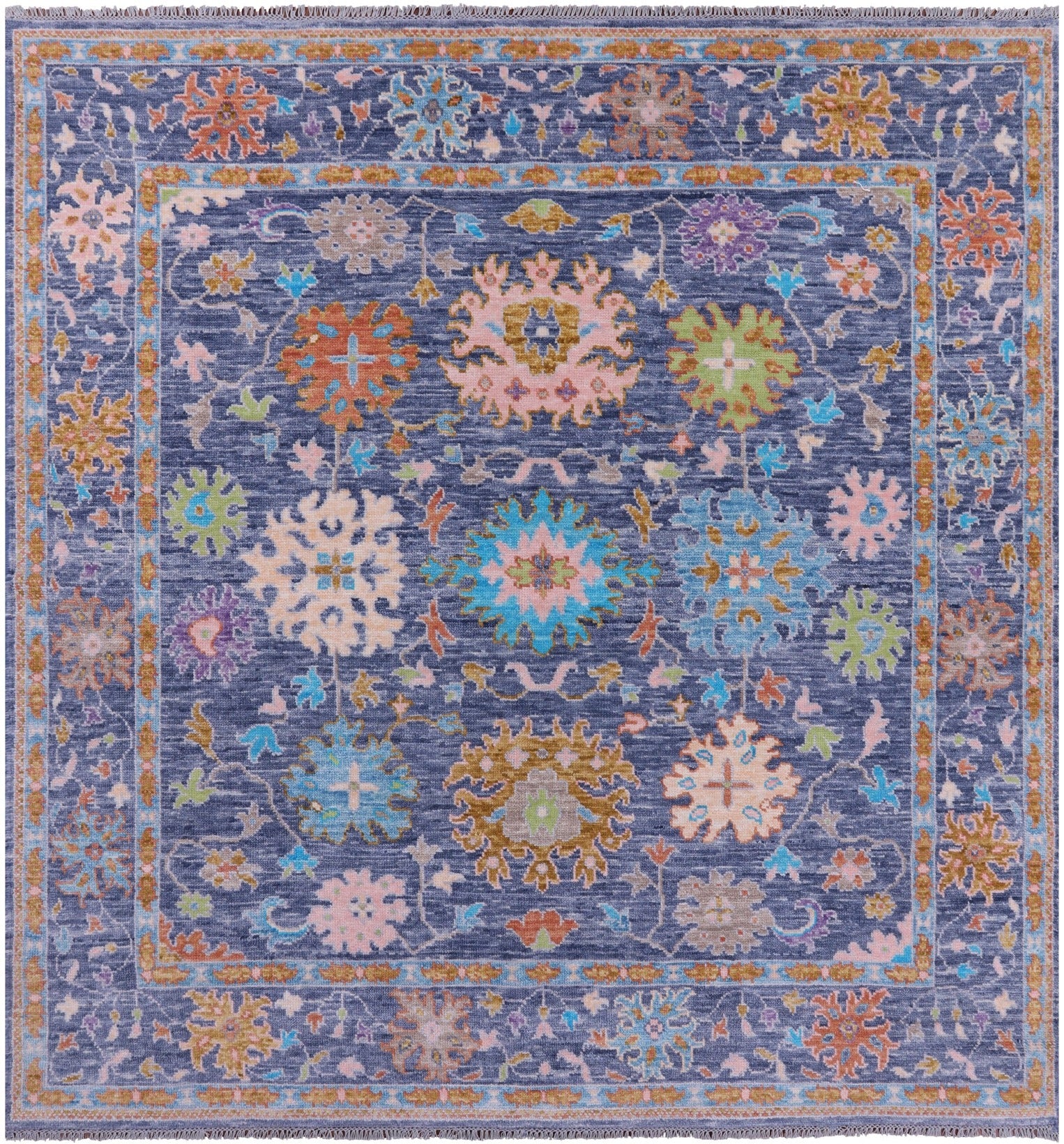 Blue Square Turkish Oushak Hand Knotted Wool Rug - 7' 10" X 8' 1" - Golden Nile