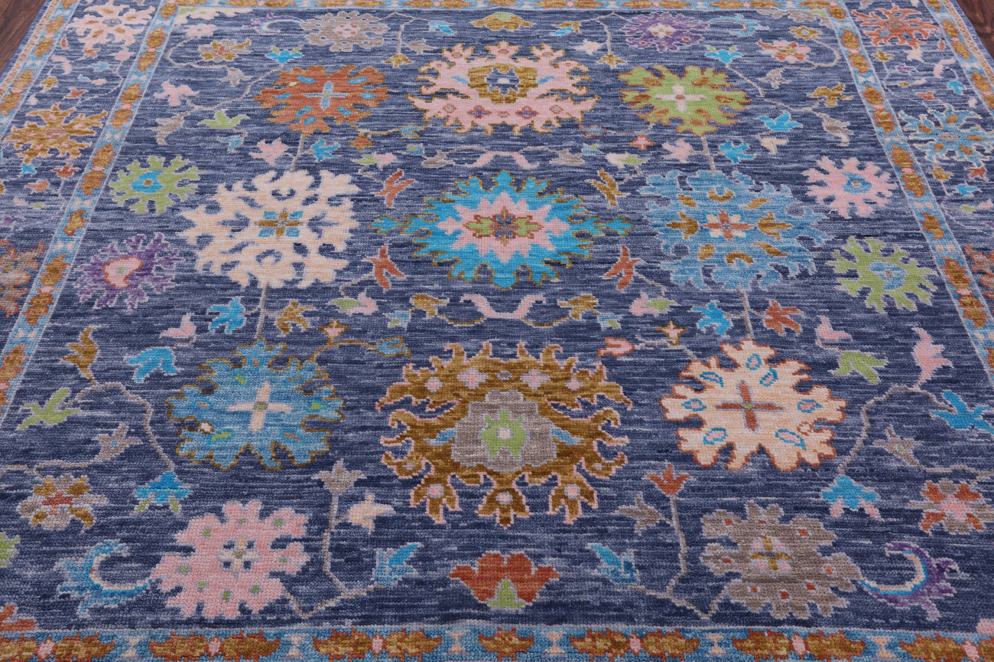 Blue Square Turkish Oushak Hand Knotted Wool Rug - 7' 10" X 8' 1" - Golden Nile