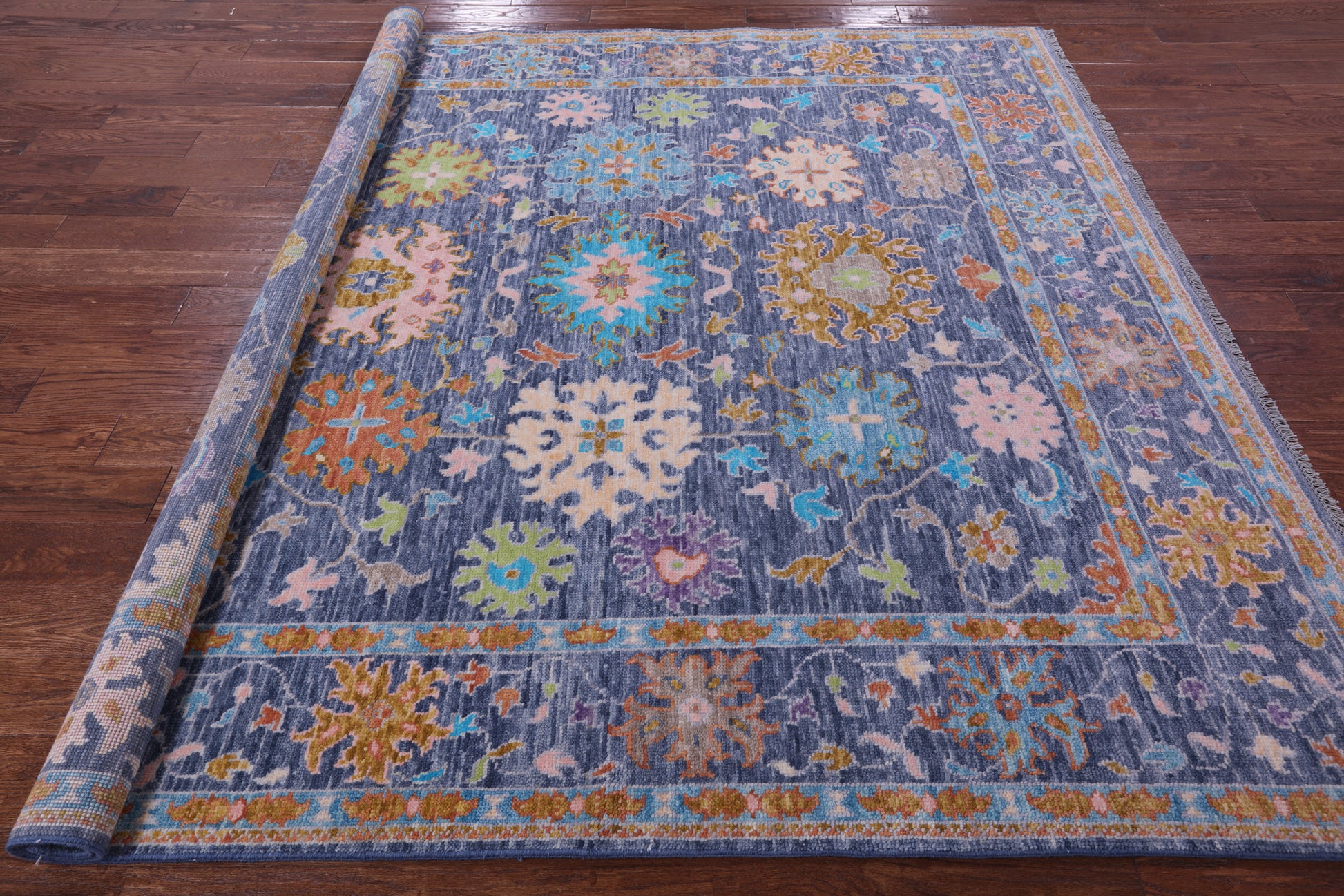 Blue Square Turkish Oushak Hand Knotted Wool Rug - 7' 10" X 8' 1" - Golden Nile