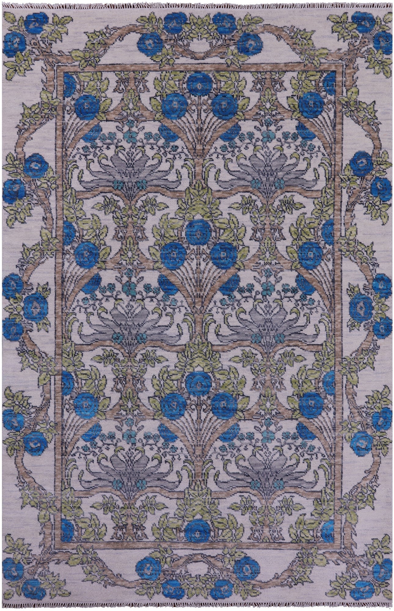 Ivory William Morris Hand Knotted Wool Rug - 5' 11" X 9' 2" - Golden Nile