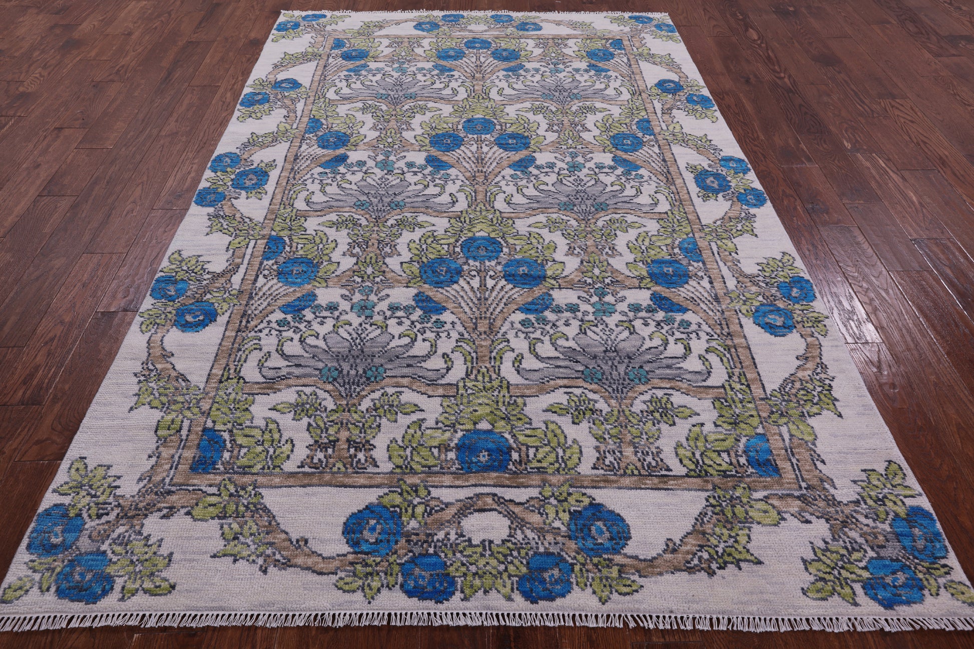 Ivory William Morris Hand Knotted Wool Rug - 5' 11" X 9' 2" - Golden Nile