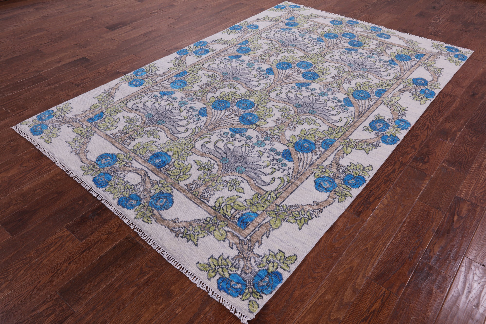 Ivory William Morris Hand Knotted Wool Rug - 5' 11" X 9' 2" - Golden Nile