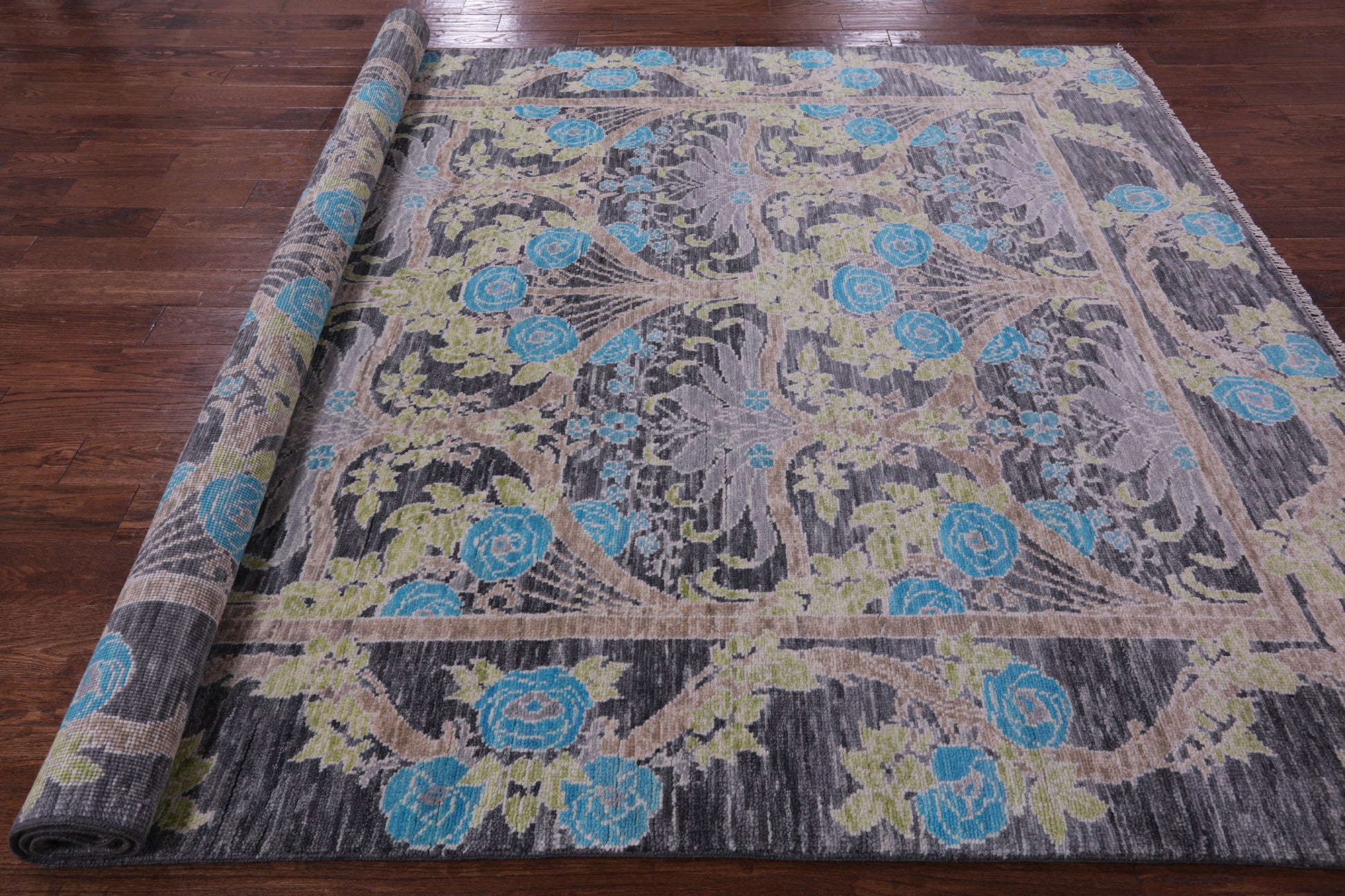 Grey William Morris Hand Knotted Wool Rug - 7' 11" X 9' 9" - Golden Nile