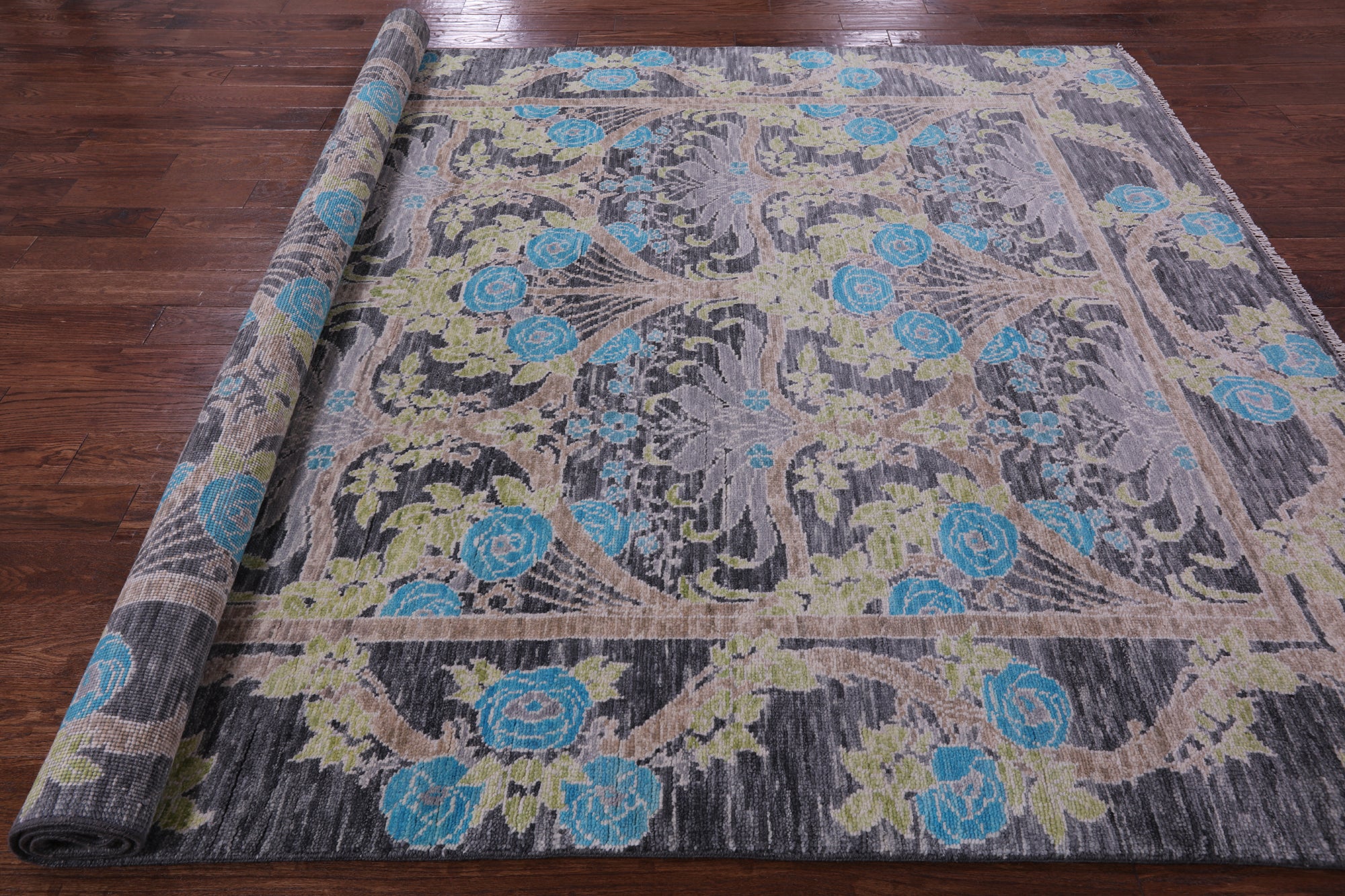 Grey William Morris Hand Knotted Wool Rug - 7' 11" X 9' 9" - Golden Nile
