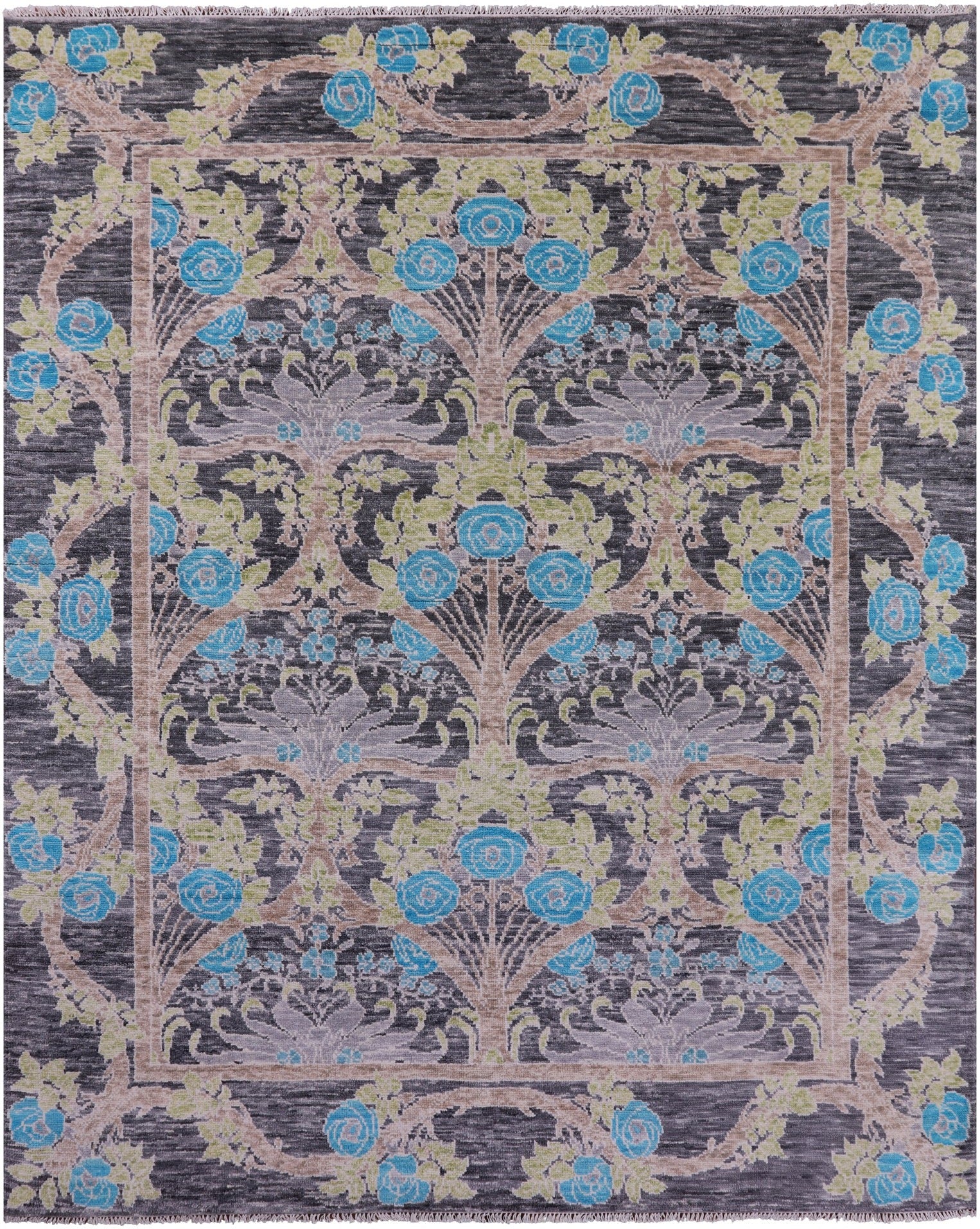 Grey William Morris Hand Knotted Wool Rug - 7' 11" X 9' 9" - Golden Nile
