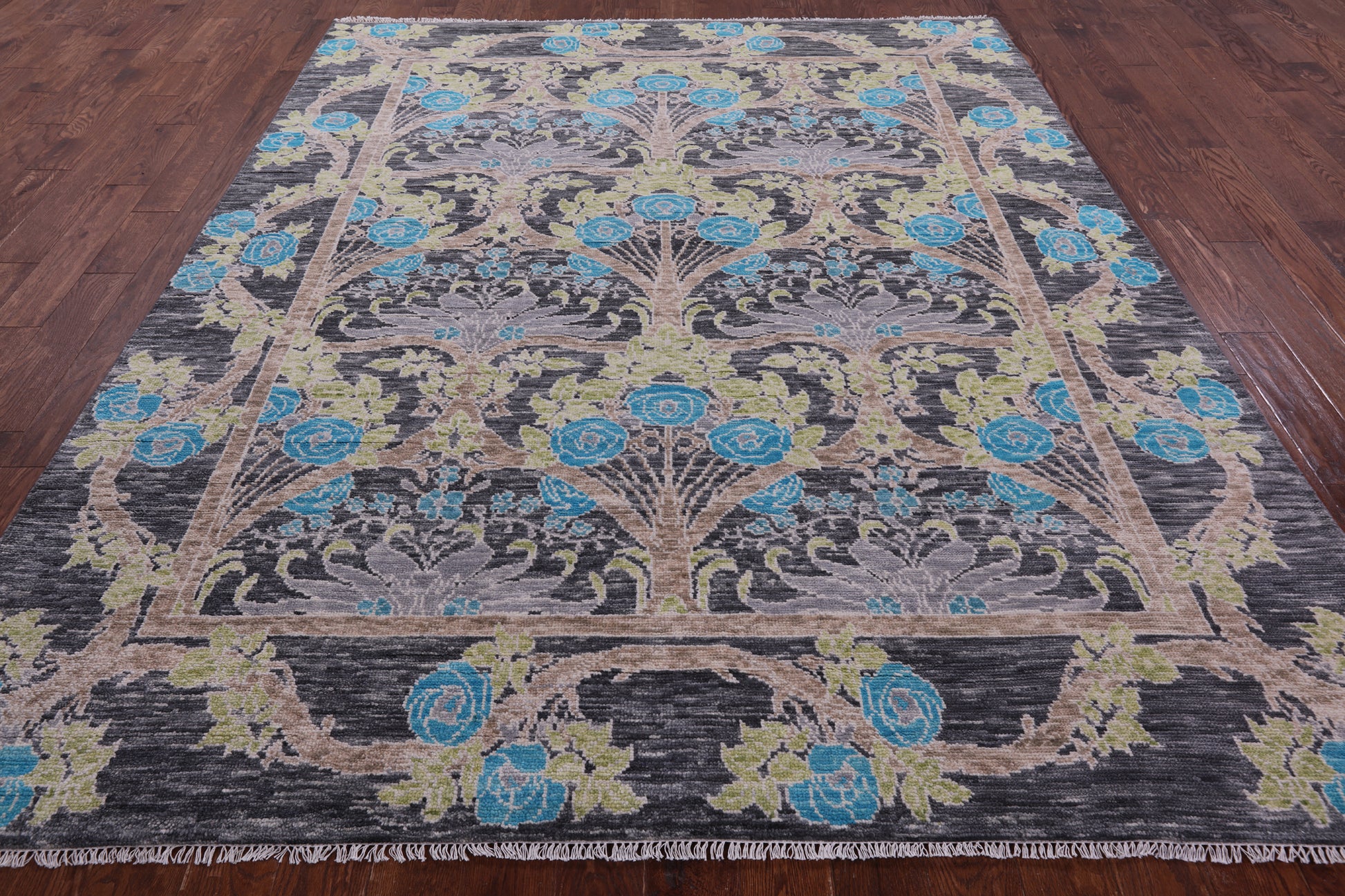 Grey William Morris Hand Knotted Wool Rug - 7' 11" X 9' 9" - Golden Nile