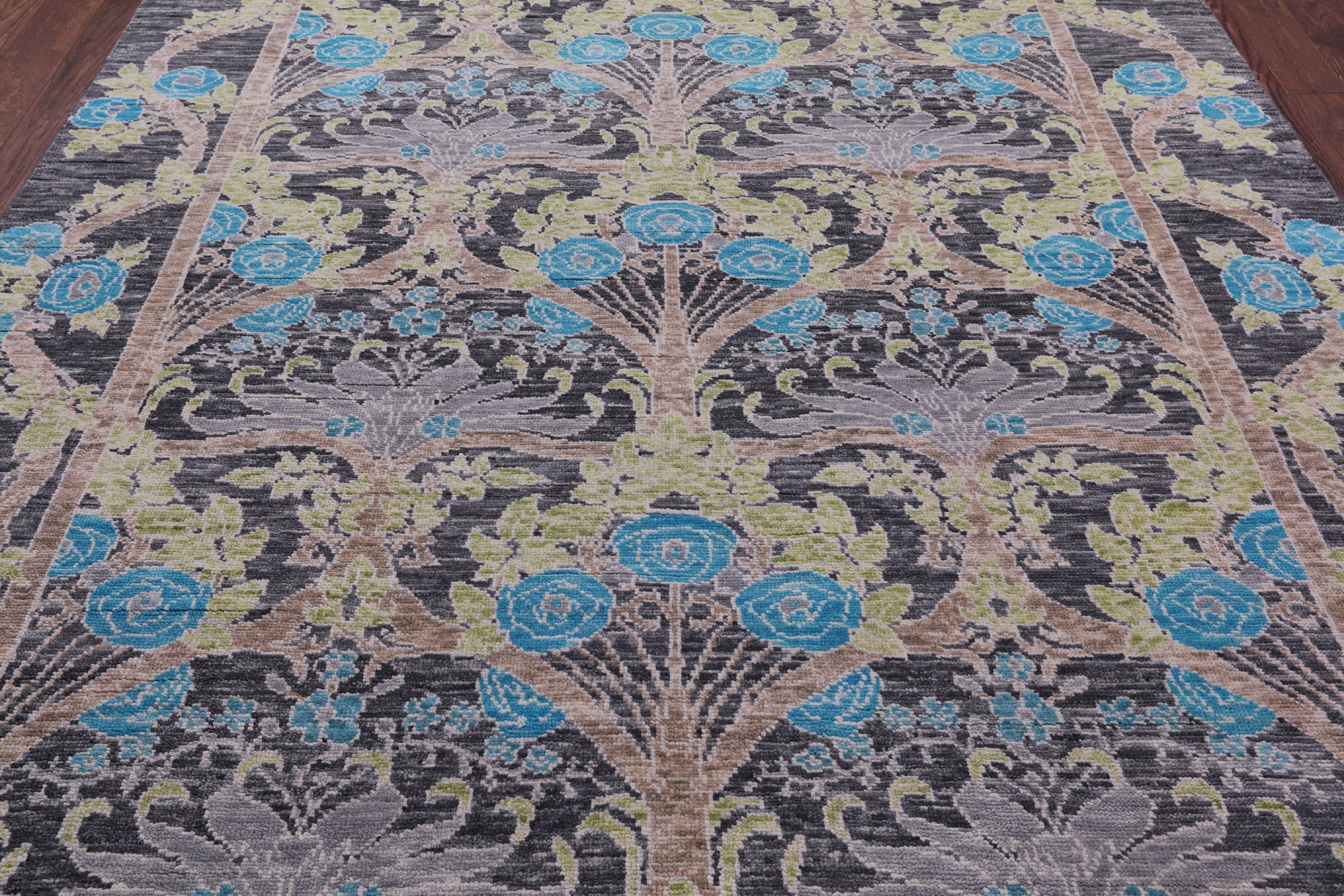 Grey William Morris Hand Knotted Wool Rug - 7' 11" X 9' 9" - Golden Nile
