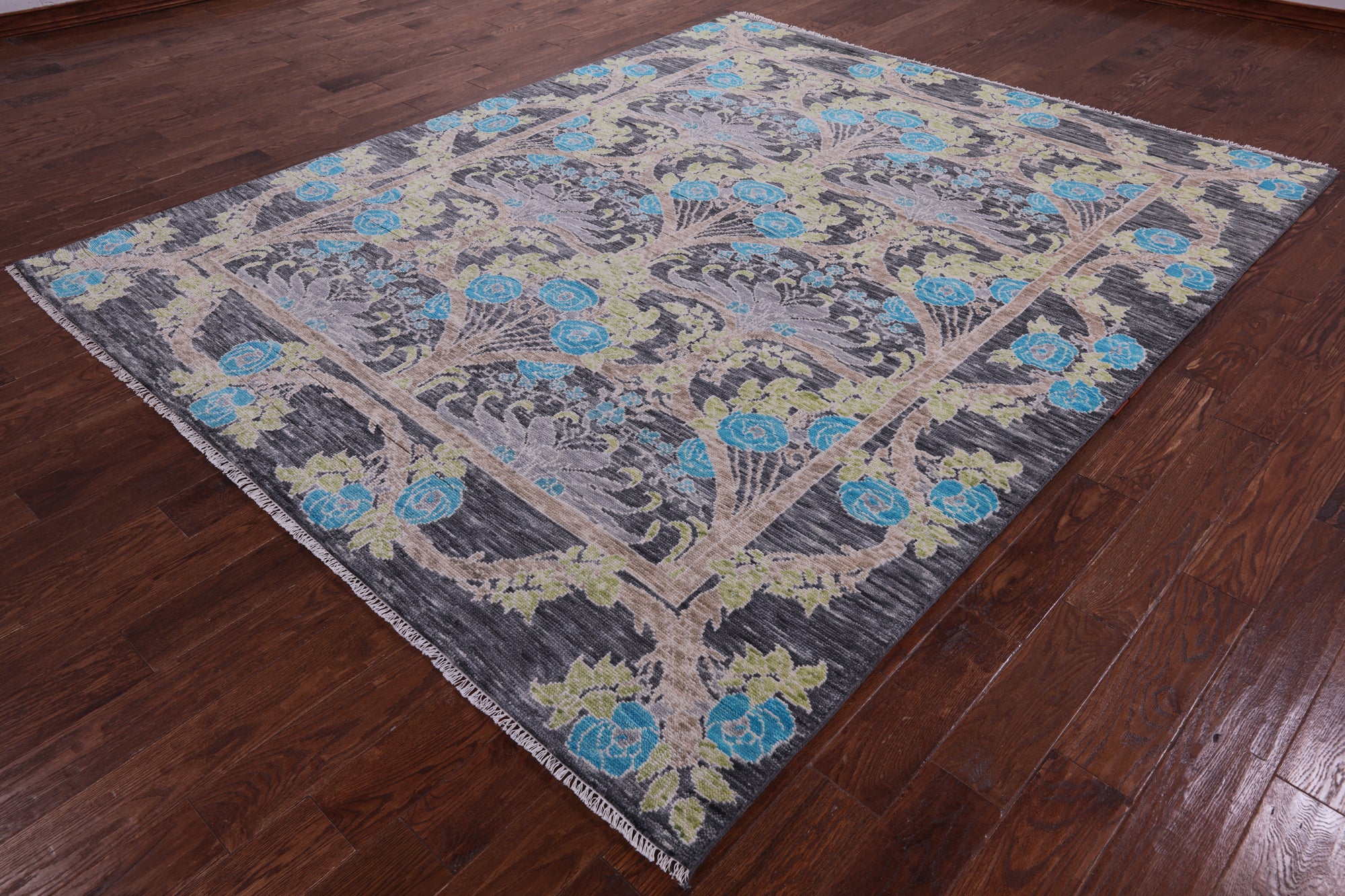 Grey William Morris Hand Knotted Wool Rug - 7' 11" X 9' 9" - Golden Nile