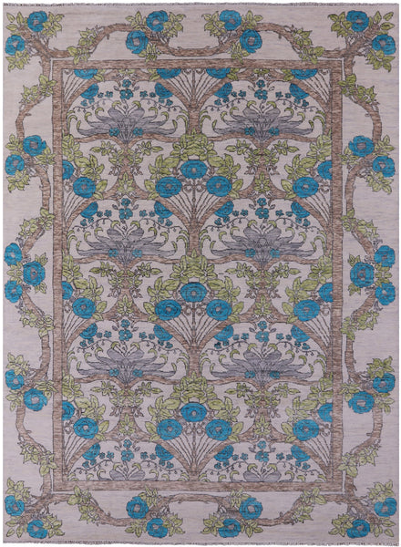 Ivory William Morris Hand Knotted Wool Rug - 10' 1" X 13' 10" - Golden Nile