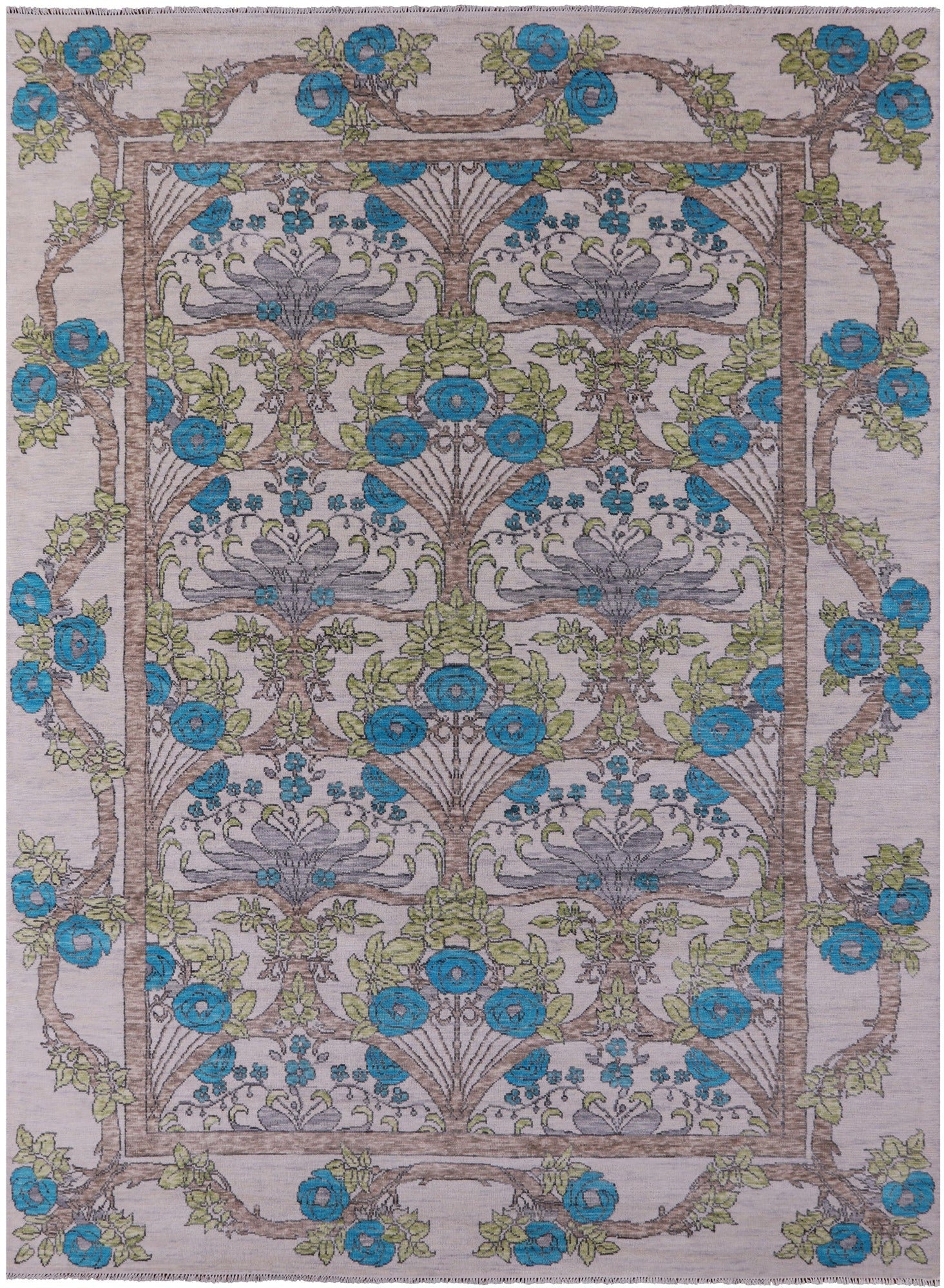 Ivory William Morris Hand Knotted Wool Rug - 10' 1" X 13' 10" - Golden Nile