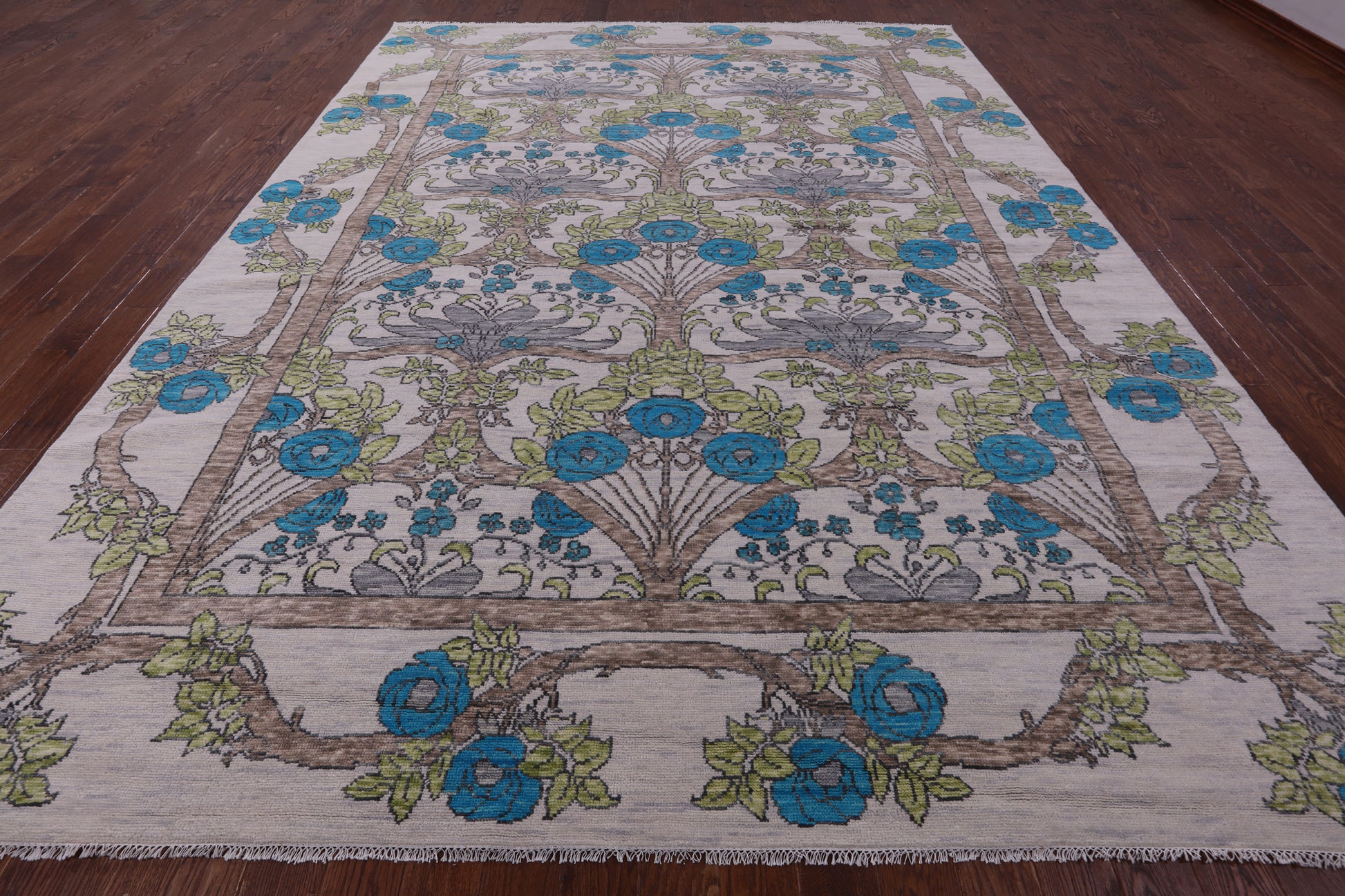 Ivory William Morris Hand Knotted Wool Rug - 10' 1" X 13' 10" - Golden Nile