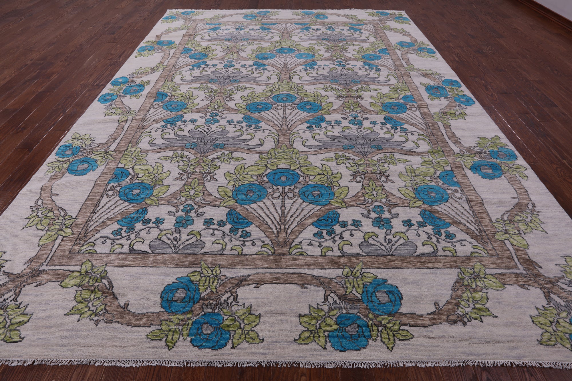 Ivory William Morris Hand Knotted Wool Rug - 10' 1" X 13' 10" - Golden Nile