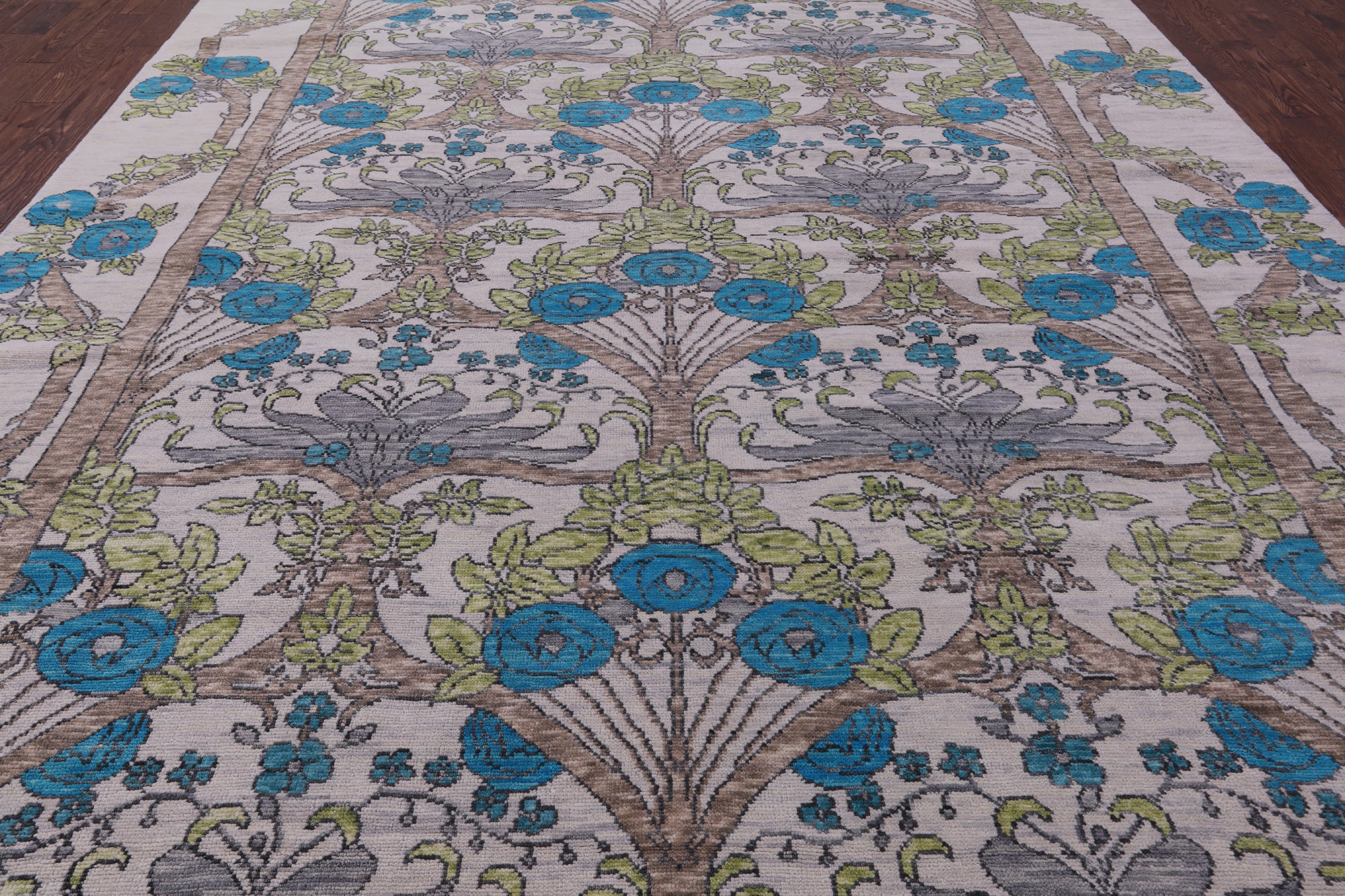 Ivory William Morris Hand Knotted Wool Rug - 10' 1" X 13' 10" - Golden Nile