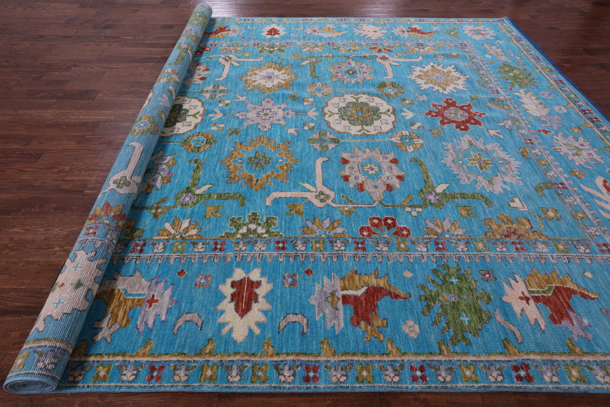 Blue Turkish Oushak Hand Knotted Wool Rug - 10' 6" X 13' 8" - Golden Nile