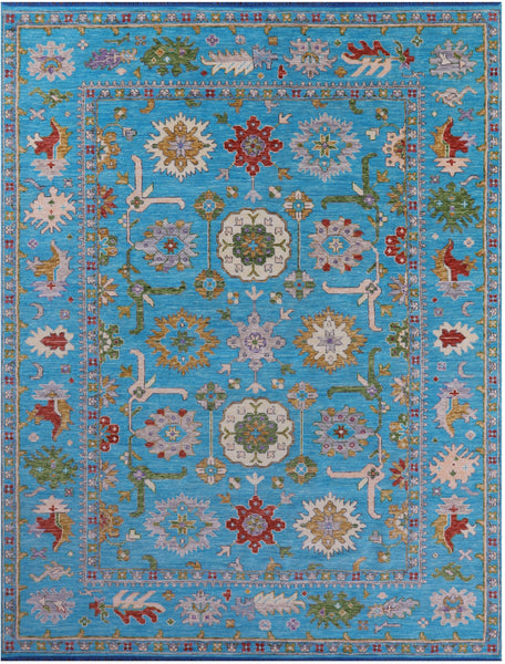 Blue Turkish Oushak Hand Knotted Wool Rug - 10' 6" X 13' 8" - Golden Nile