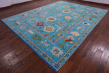 Blue Turkish Oushak Hand Knotted Wool Rug - 10' 6" X 13' 8" - Golden Nile