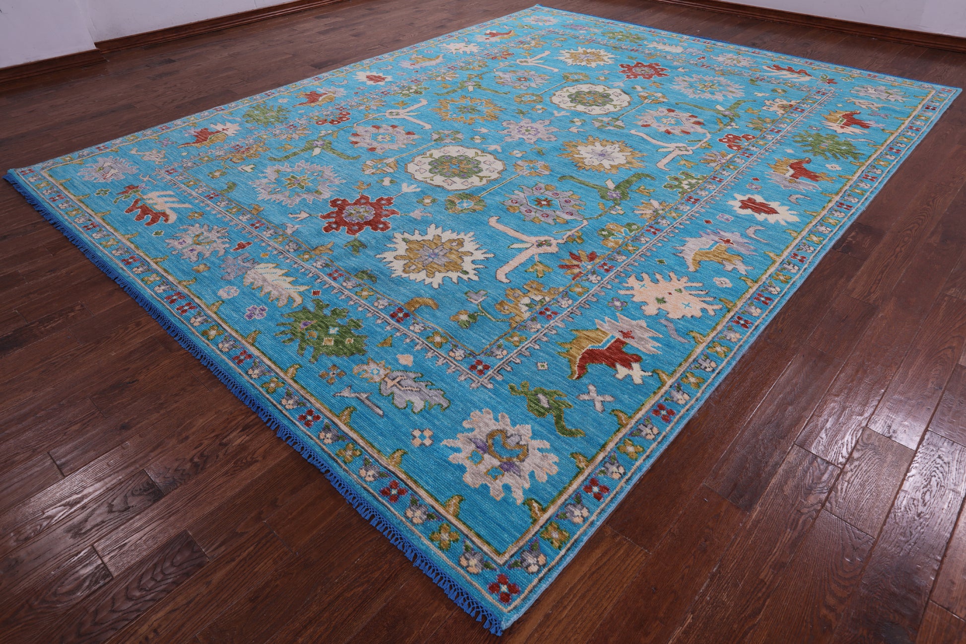 Blue Turkish Oushak Hand Knotted Wool Rug - 10' 6" X 13' 8" - Golden Nile