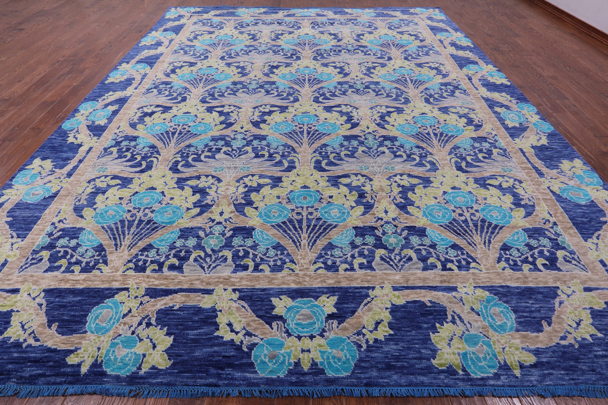 Blue William Morris Hand Knotted Wool Rug - 11' 11" X 15' 0" - Golden Nile