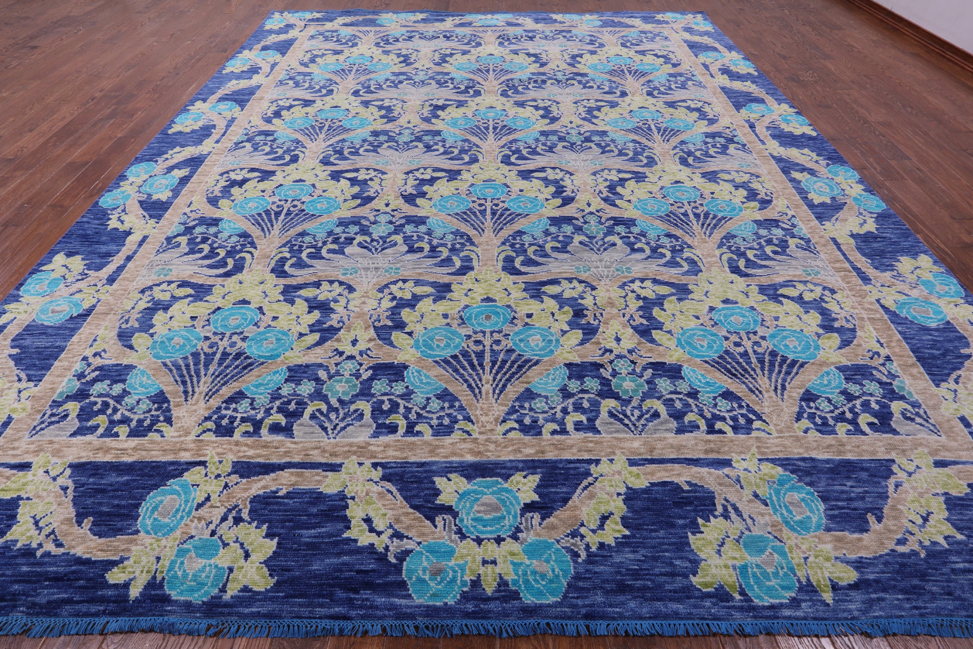 Blue William Morris Hand Knotted Wool Rug - 11' 11" X 15' 0" - Golden Nile