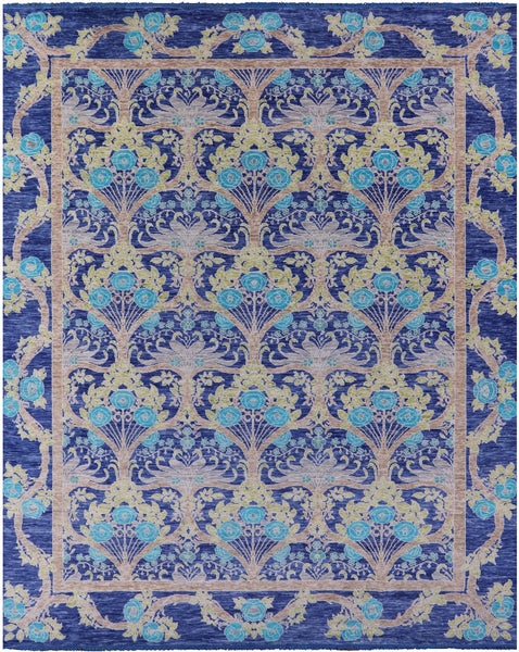 Blue William Morris Hand Knotted Wool Rug - 11' 11" X 15' 0" - Golden Nile