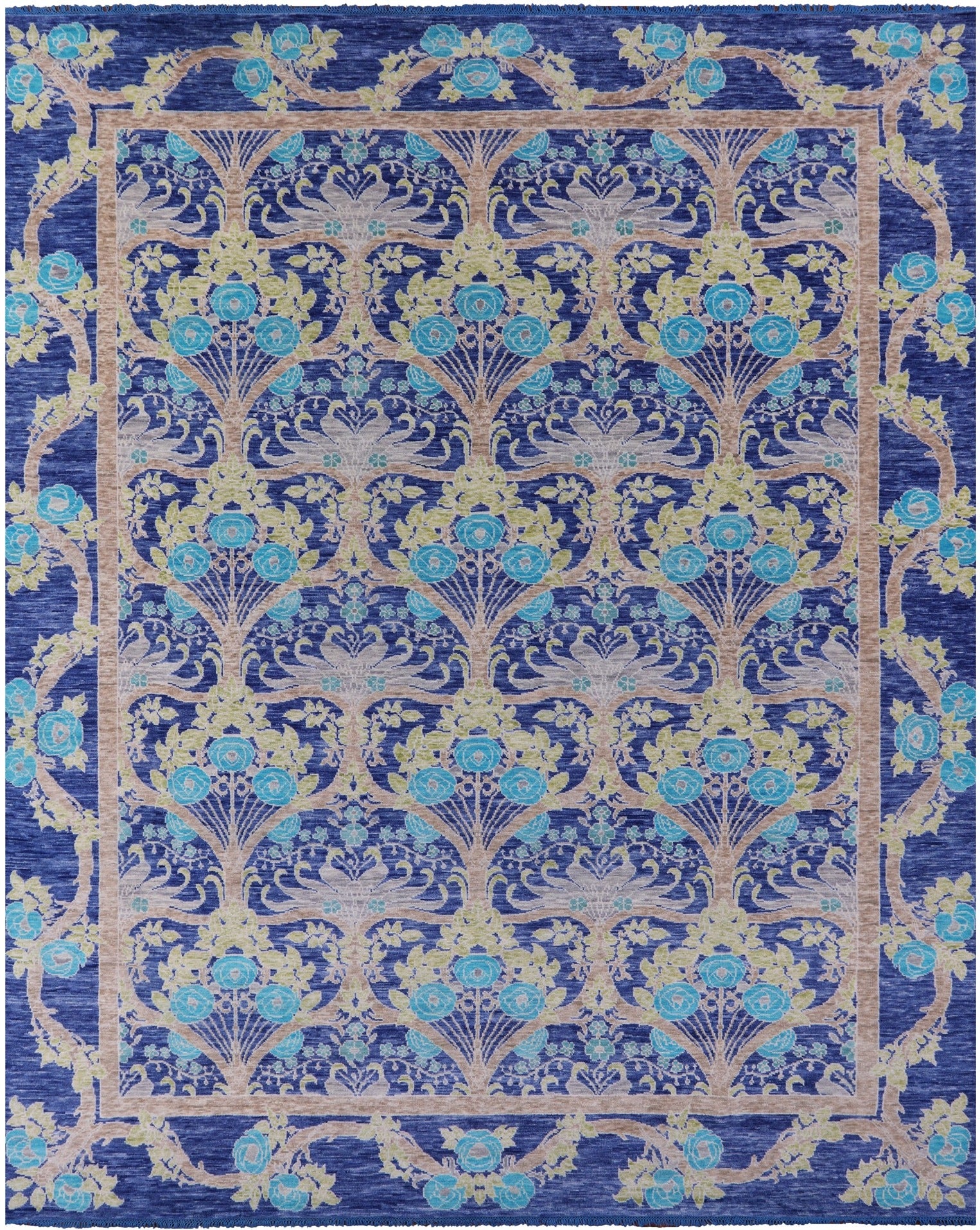 Blue William Morris Hand Knotted Wool Rug - 11' 11" X 15' 0" - Golden Nile