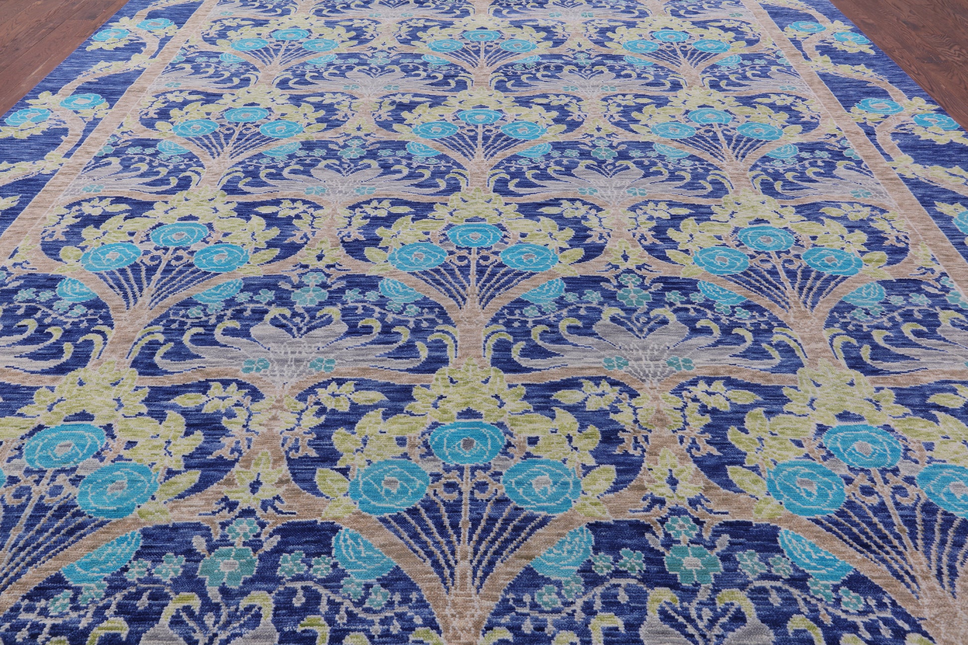 Blue William Morris Hand Knotted Wool Rug - 11' 11" X 15' 0" - Golden Nile