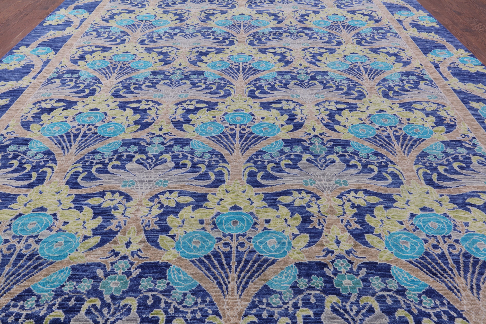 Blue William Morris Hand Knotted Wool Rug - 11' 11" X 15' 0" - Golden Nile