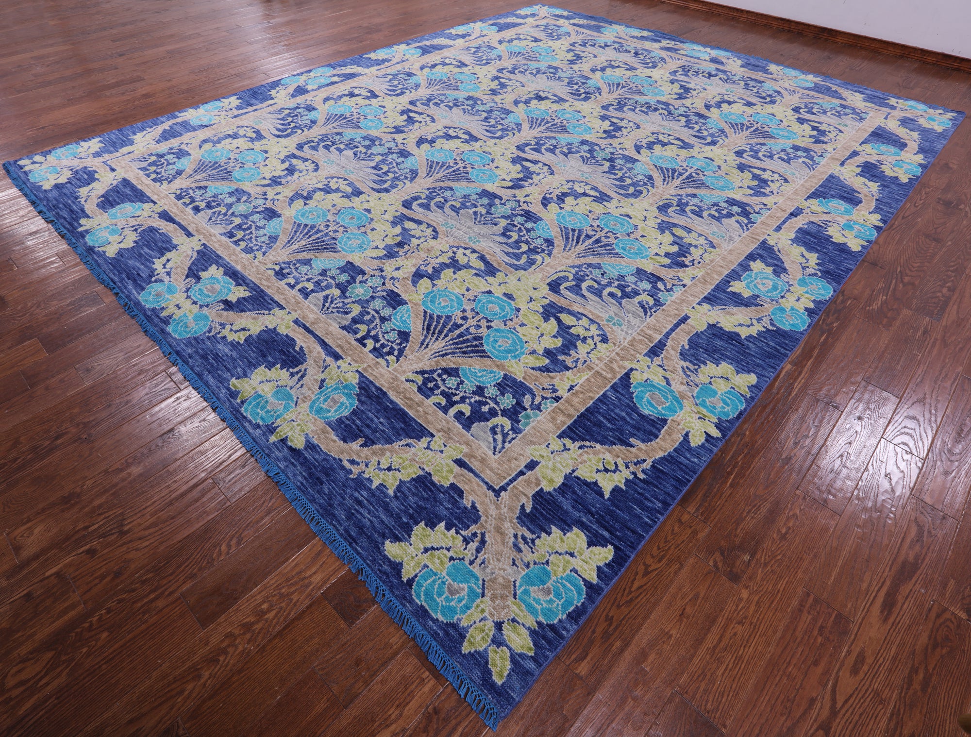 Blue William Morris Hand Knotted Wool Rug - 11' 11" X 15' 0" - Golden Nile
