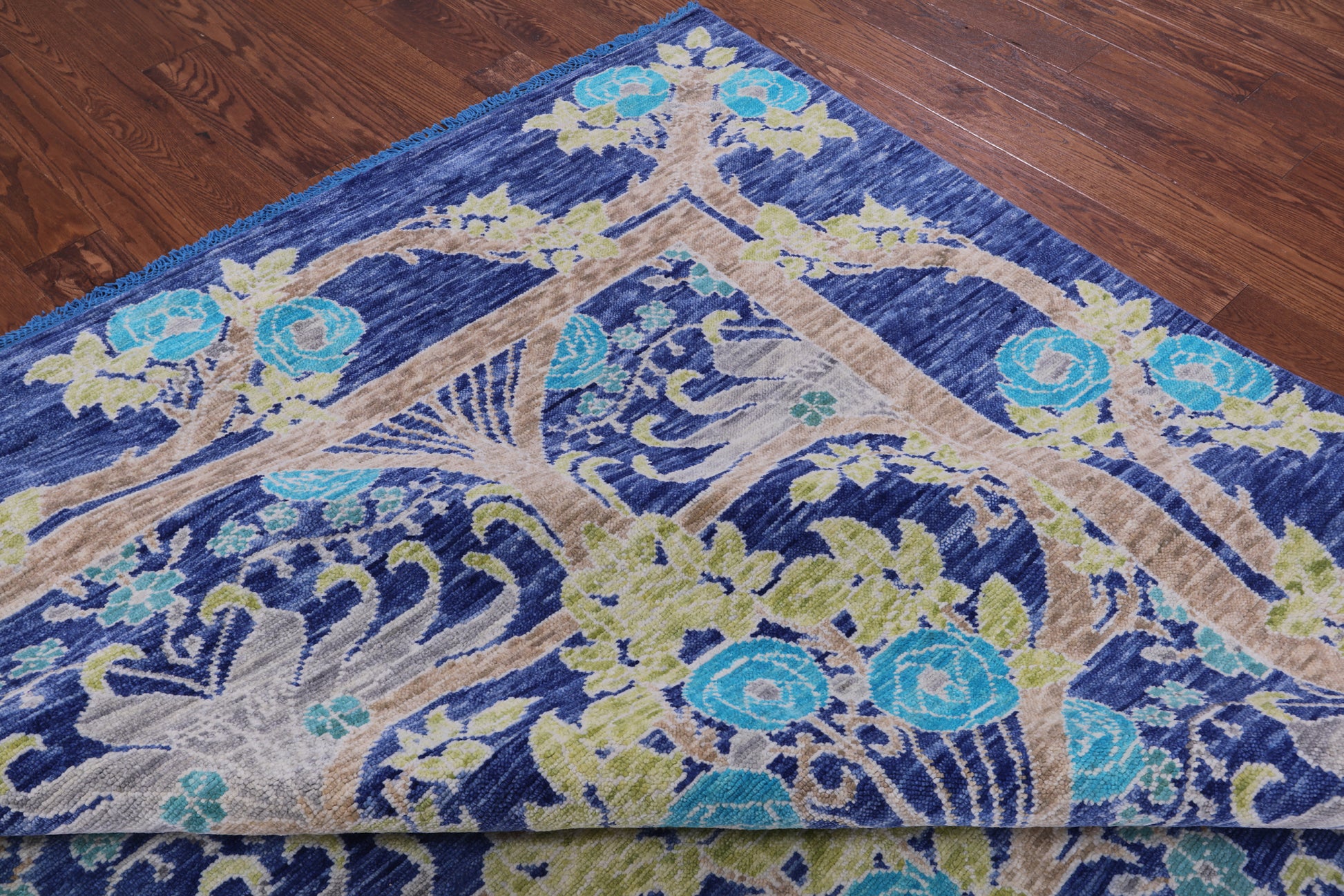 Blue William Morris Hand Knotted Wool Rug - 11' 11" X 15' 0" - Golden Nile