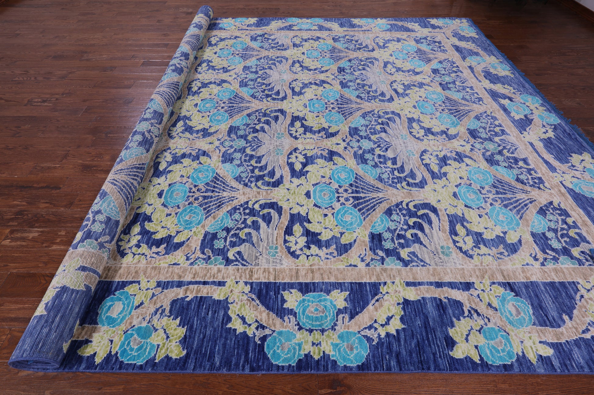 Blue William Morris Hand Knotted Wool Rug - 11' 11" X 15' 0" - Golden Nile