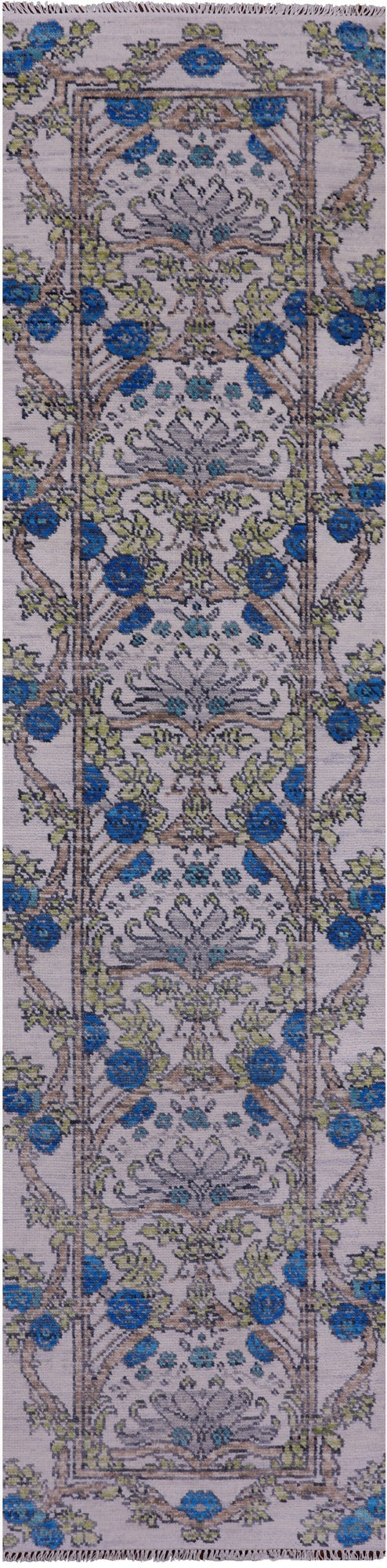Ivory William Morris Hand Knotted Wool Runner Rug - 2' 6" X 9' 11" - Golden Nile