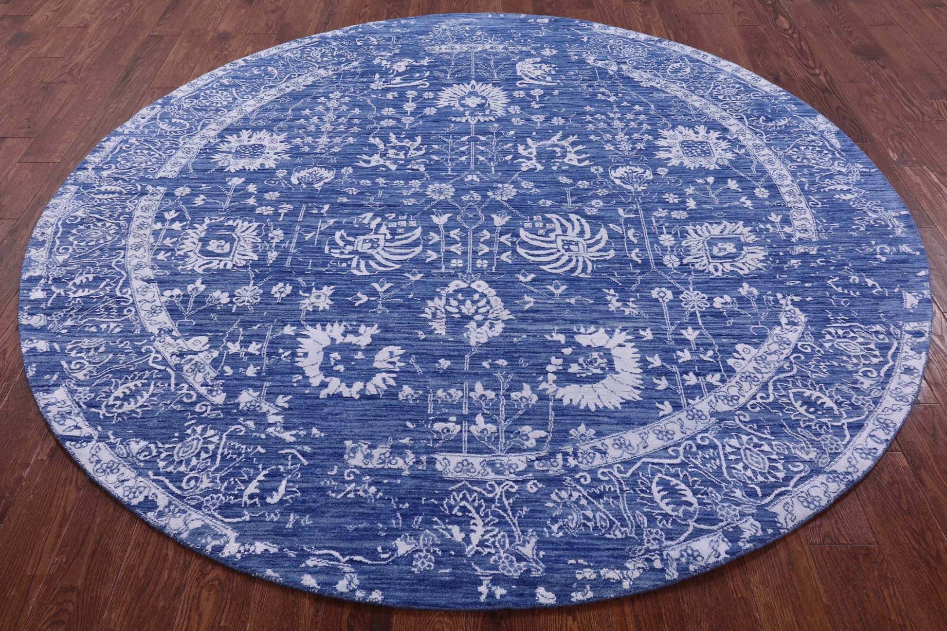 Blue Round Persian Handmade Wool & Silk Rug - 8' 0" X 8' 0" - Golden Nile