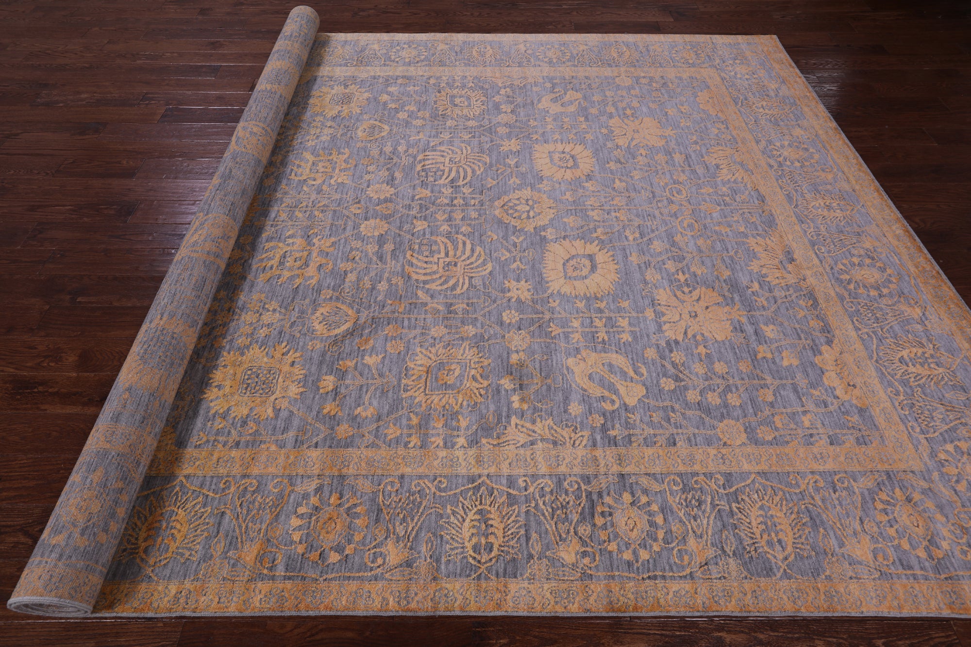 Grey Persian Hand Knotted Wool & Silk Rug - 9' 0" X 12' 3" - Golden Nile