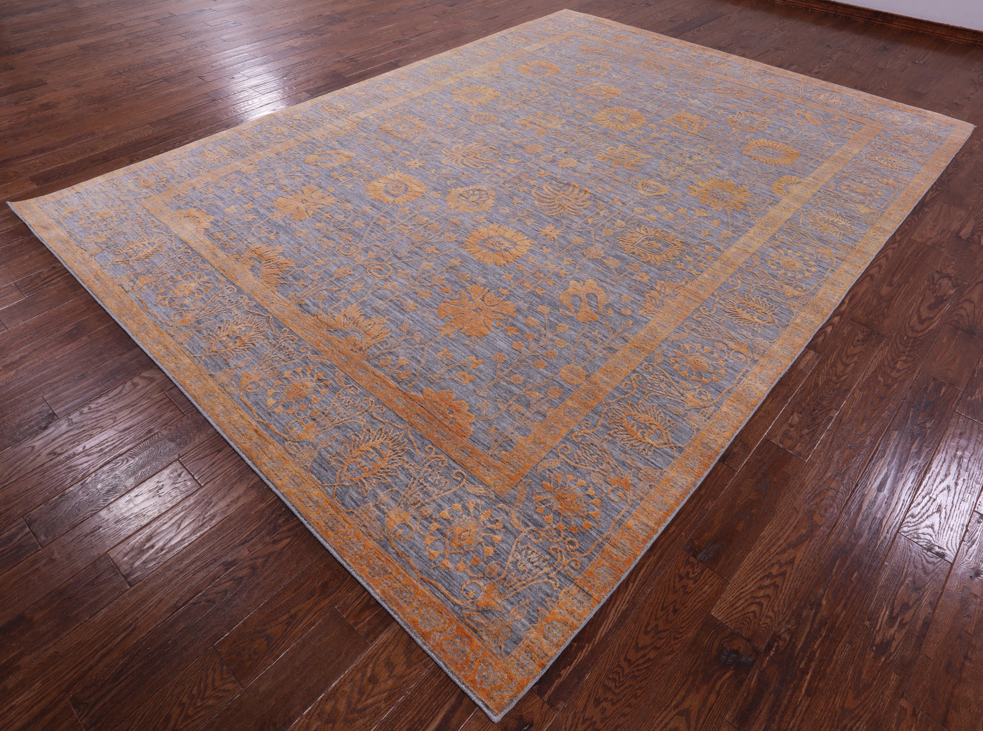Grey Persian Hand Knotted Wool & Silk Rug - 9' 0" X 12' 3" - Golden Nile