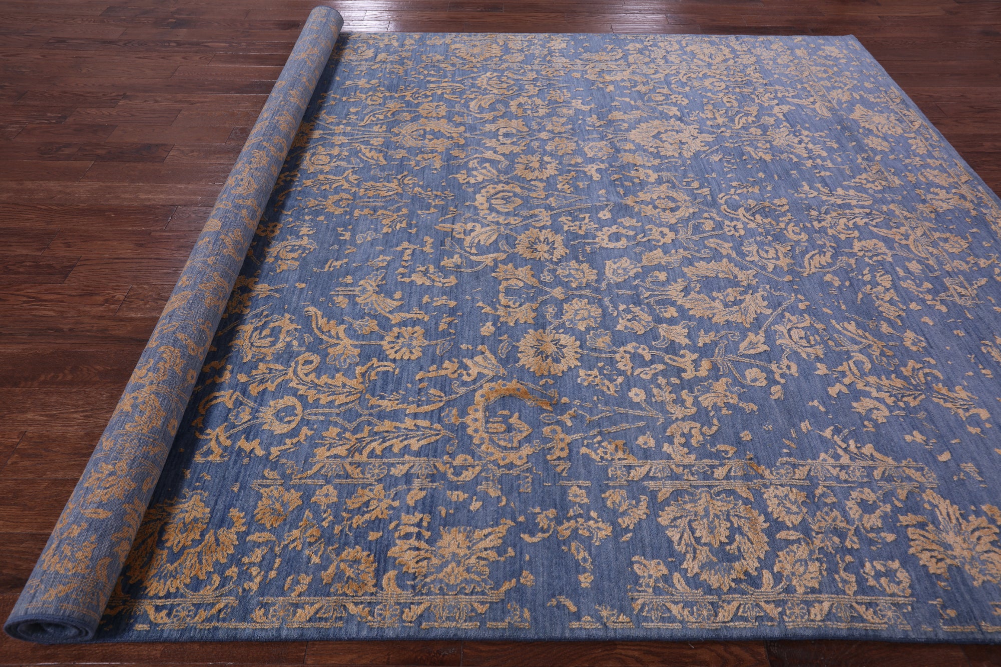 Blue Persian Hand Knotted Wool & Silk Rug - 9' 0" X 11' 8" - Golden Nile