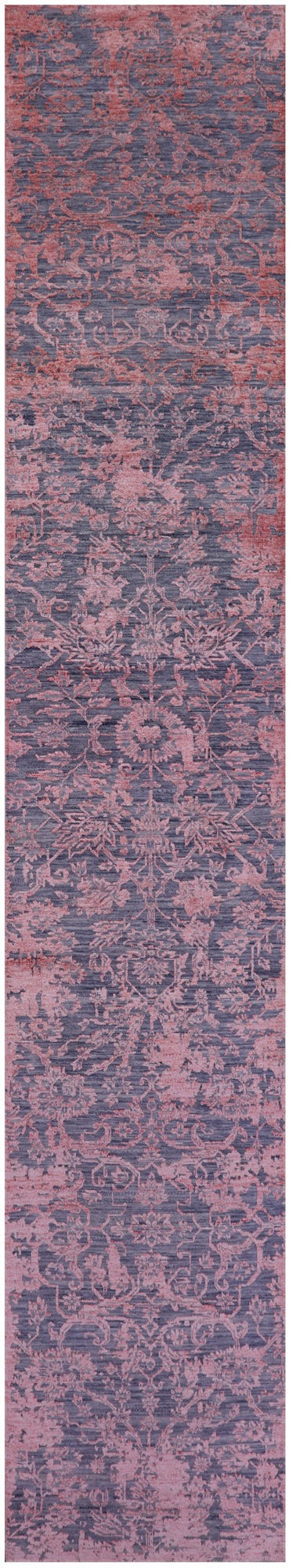 Grey Contemporary Hand Knotted Wool & Silk Runner Rug - 2' 7" X 14' 9" - Golden Nile