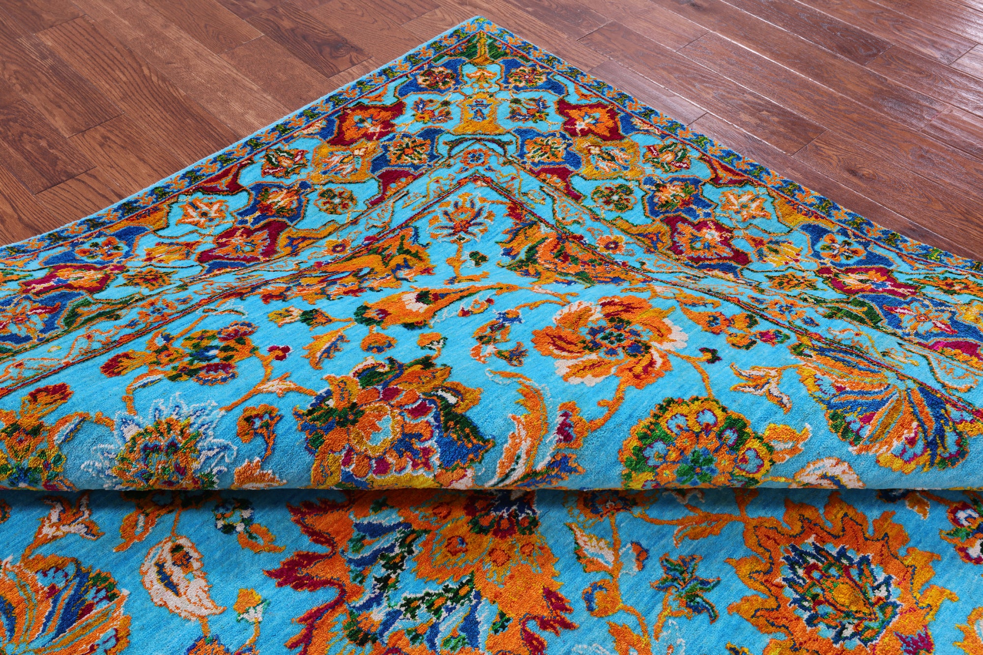 Blue Persian Hand Knotted Wool & Silk Rug - 8' 0" X 10' 1" - Golden Nile