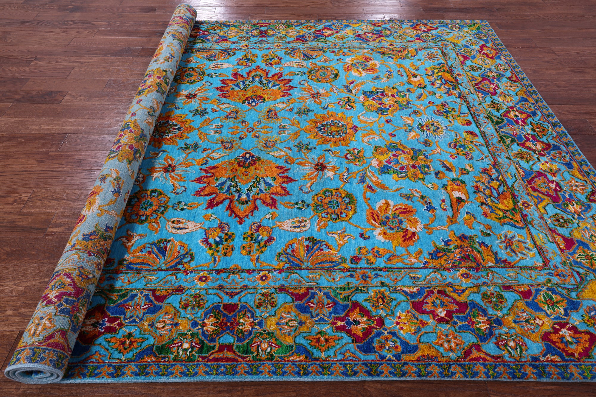 Blue Persian Hand Knotted Wool & Silk Rug - 8' 0" X 10' 1" - Golden Nile