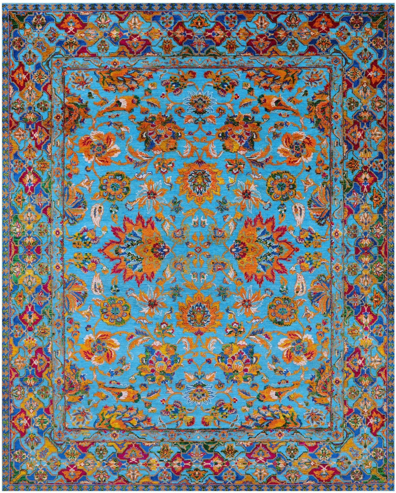 Blue Persian Hand Knotted Wool & Silk Rug - 8' 0" X 10' 1" - Golden Nile