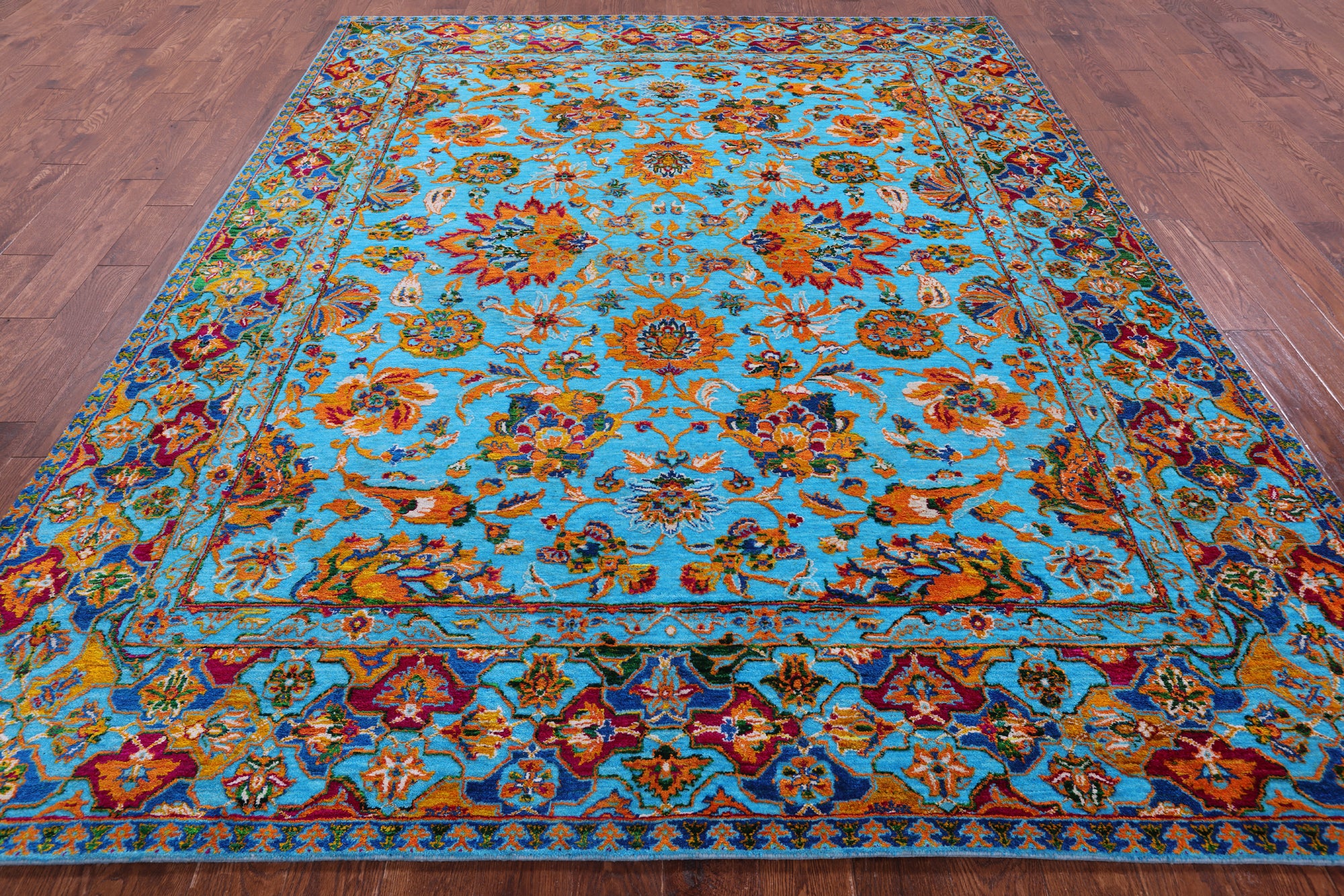 Blue Persian Hand Knotted Wool & Silk Rug - 8' 0" X 10' 1" - Golden Nile