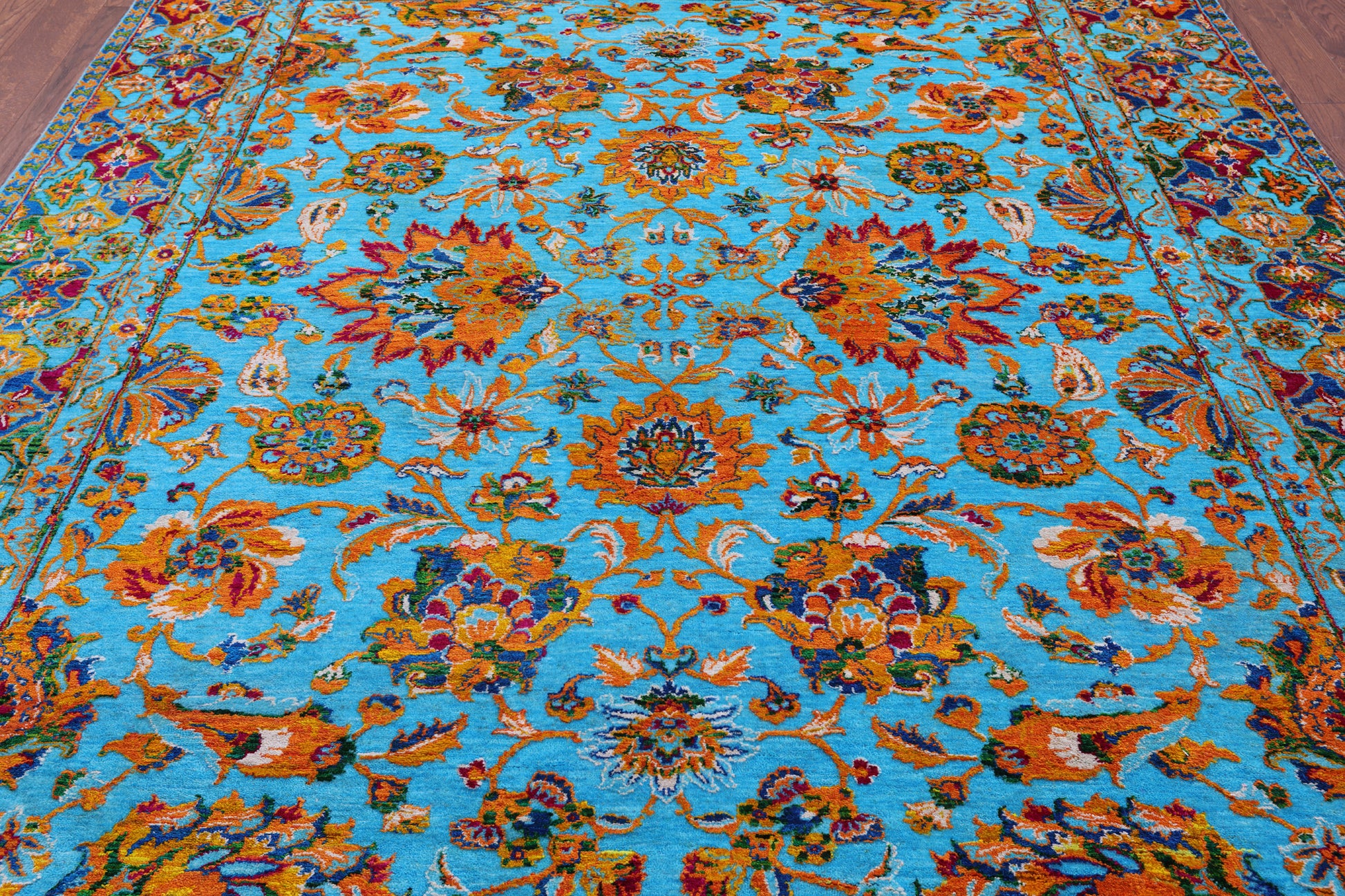 Blue Persian Hand Knotted Wool & Silk Rug - 8' 0" X 10' 1" - Golden Nile