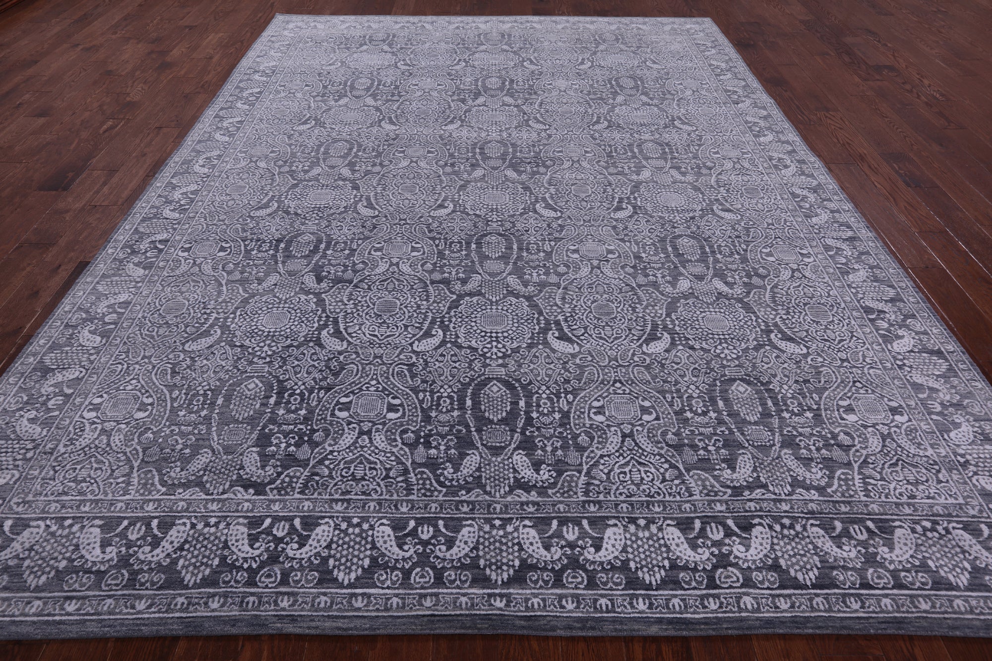 Grey Persian Hand Knotted Wool & Silk Rug - 8' 11" X 12' 1" - Golden Nile