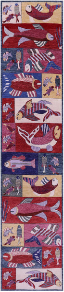 Fish Design Persian Gabbeh Hand Knotted Wool Runner Rug - 3' 0" X 13' 9" - Golden Nile