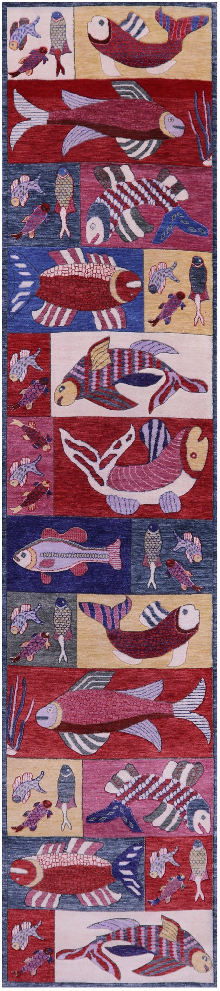 Fish Design Persian Gabbeh Hand Knotted Wool Runner Rug - 3' 0" X 13' 9" - Golden Nile