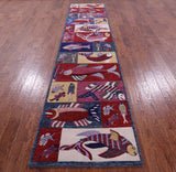 Fish Design Persian Gabbeh Hand Knotted Wool Runner Rug - 3' 0" X 13' 9" - Golden Nile
