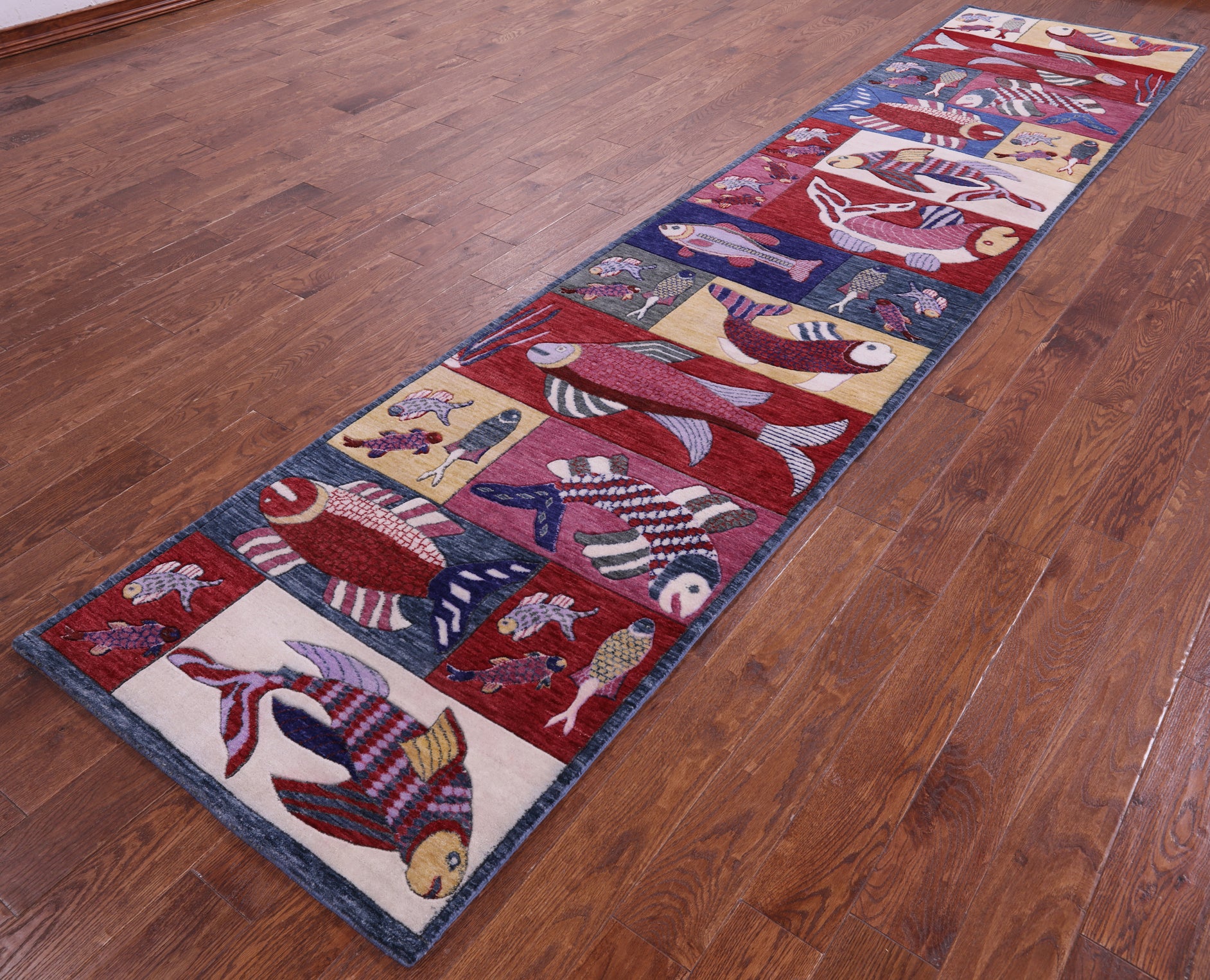 Fish Design Persian Gabbeh Hand Knotted Wool Runner Rug - 3' 0" X 13' 9" - Golden Nile